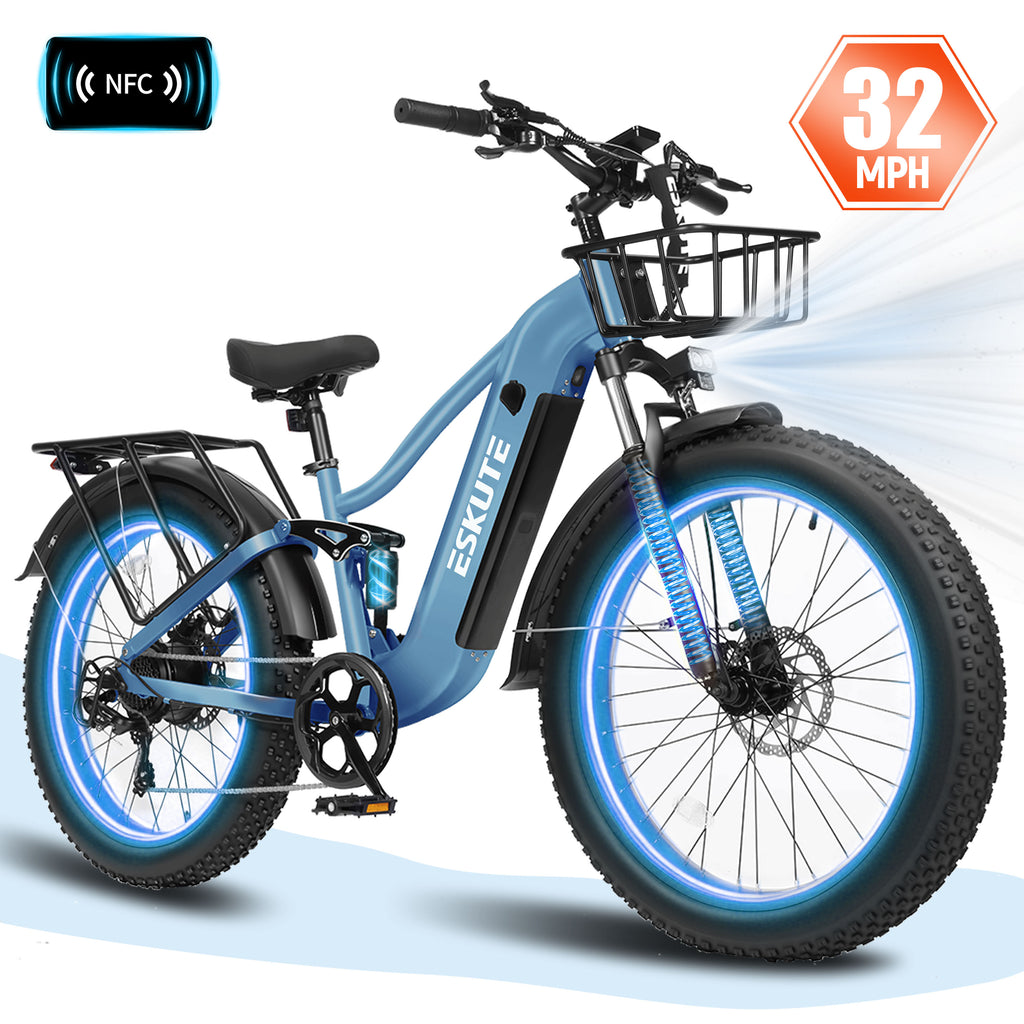 ESKUTE C300R Electric Bike for Adults, 32MPH High-Speed 1500W Motor, 80-Mile Range 48V 20.8Ah Battery, 26"x4.0" Fat Tire Ebike, Full Suspension, 8-Speed Black