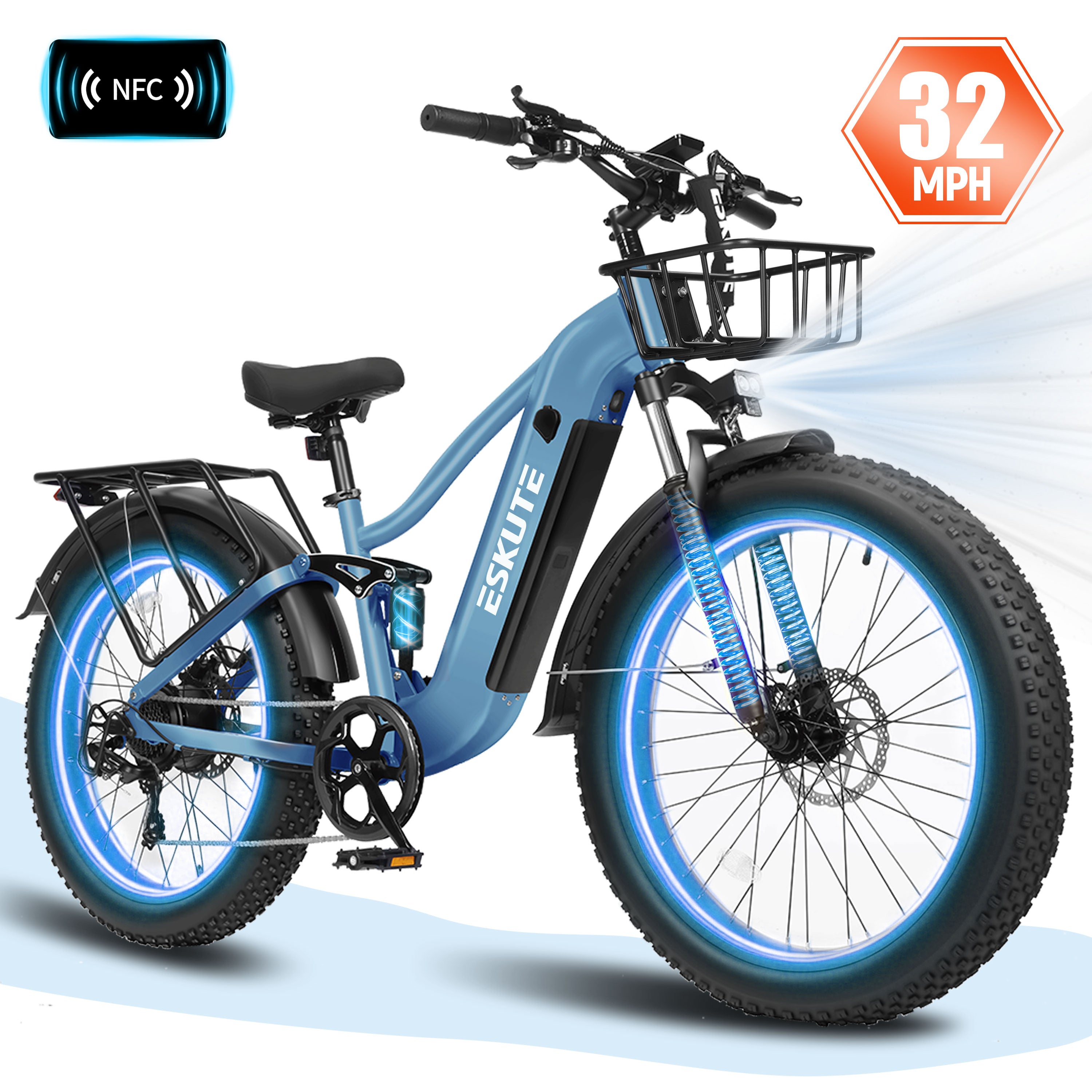 ESKUTE C300R Electric Bike for Adults, 32MPH High-Speed 1500W Motor, 80-Mile Range 48V 20.8Ah Battery, 26"x4.0" Fat Tire Ebike, Full Suspension, 8-Speed Black