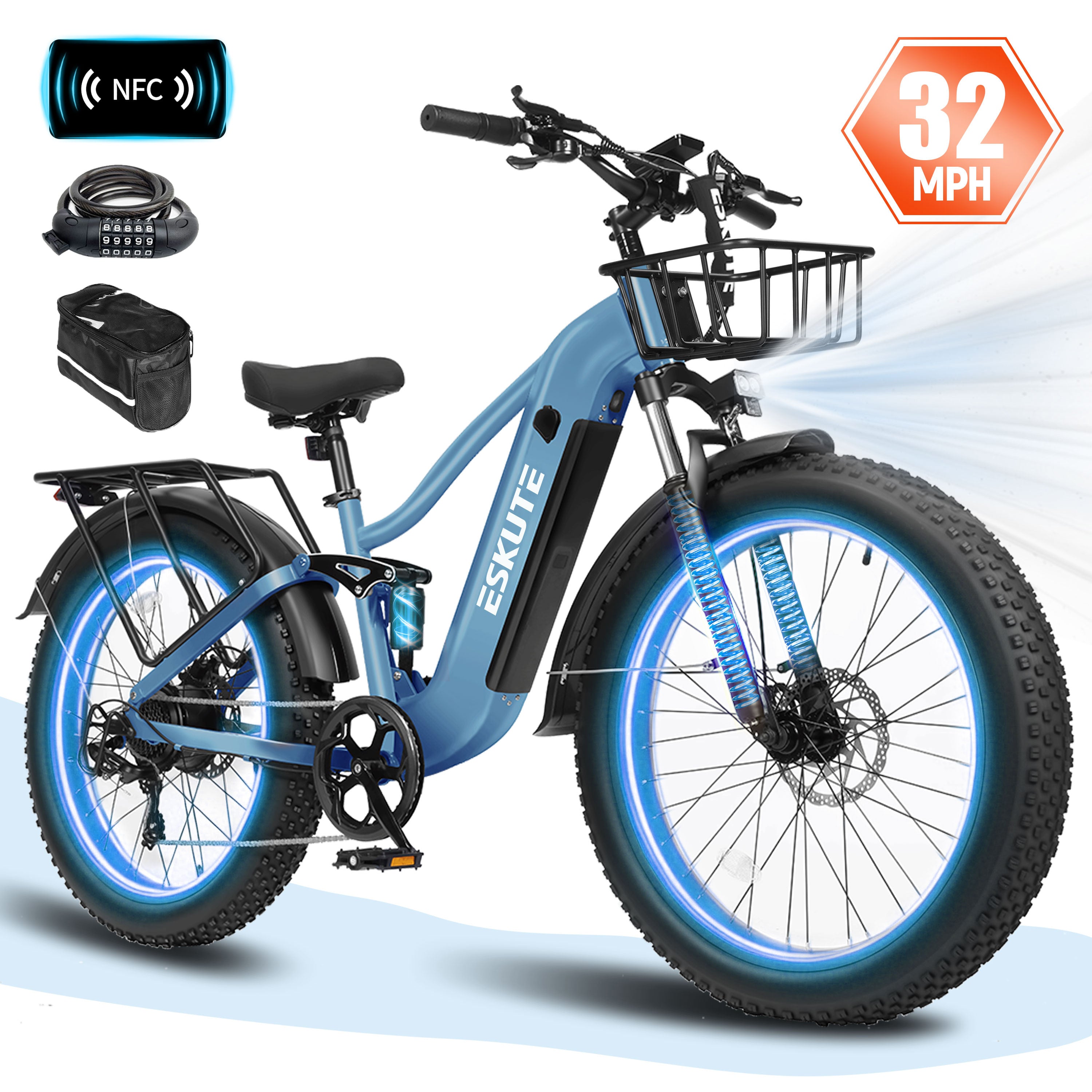 ESKUTE C300R Electric Bike for Adults, 32MPH High-Speed 1500W Motor, 80-Mile Range 48V 20.8Ah Battery, 26"x4.0" Fat Tire Ebike, Full Suspension, 8-Speed Black