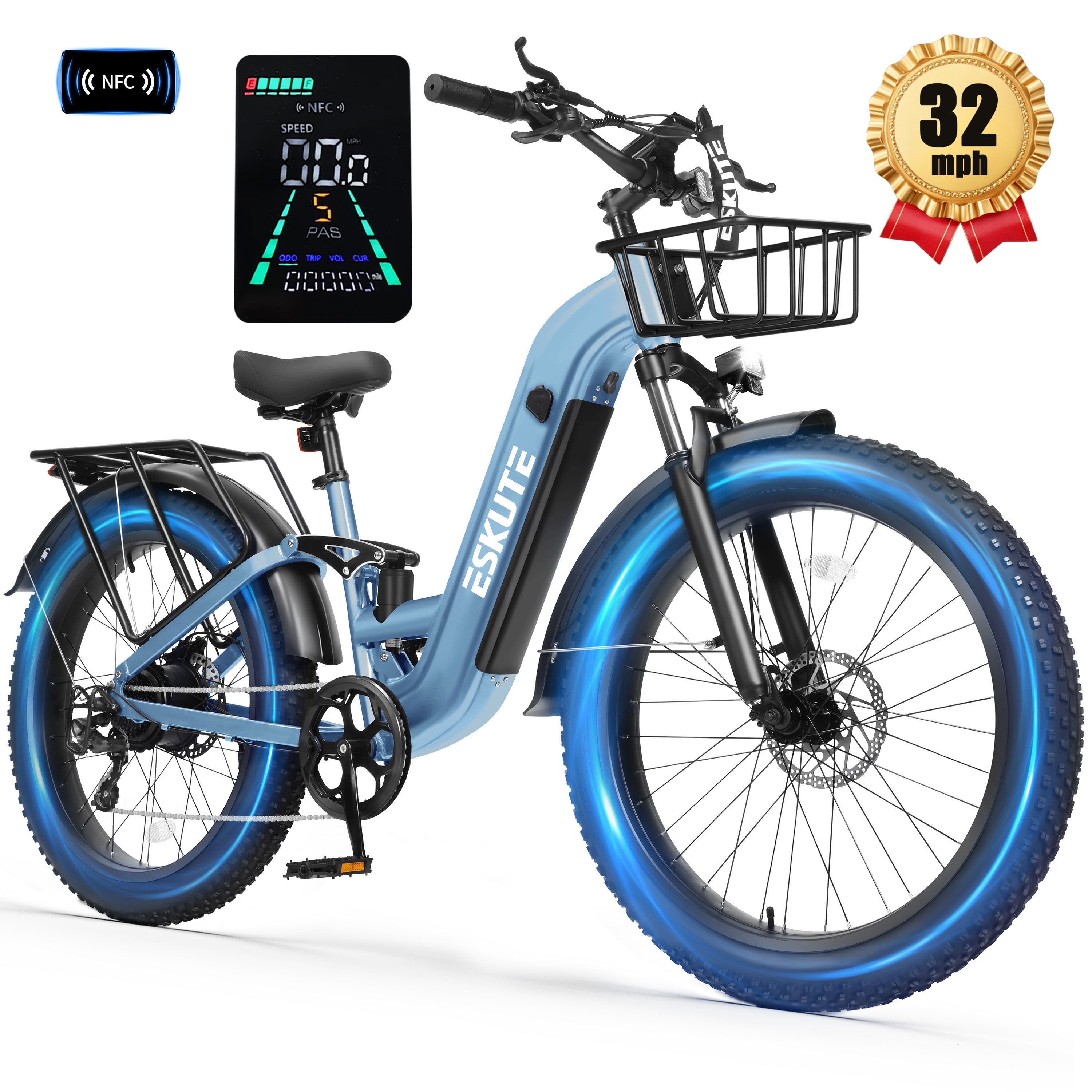 C300 1500W Electric Bike for Adults, 48V 20.8Ah Battery, 32MPH, 80 Miles Range, 26"x4.0" Fat Tire Step-Thru Ebike, Full Suspension Electric Bicycle, 8-Speed Black