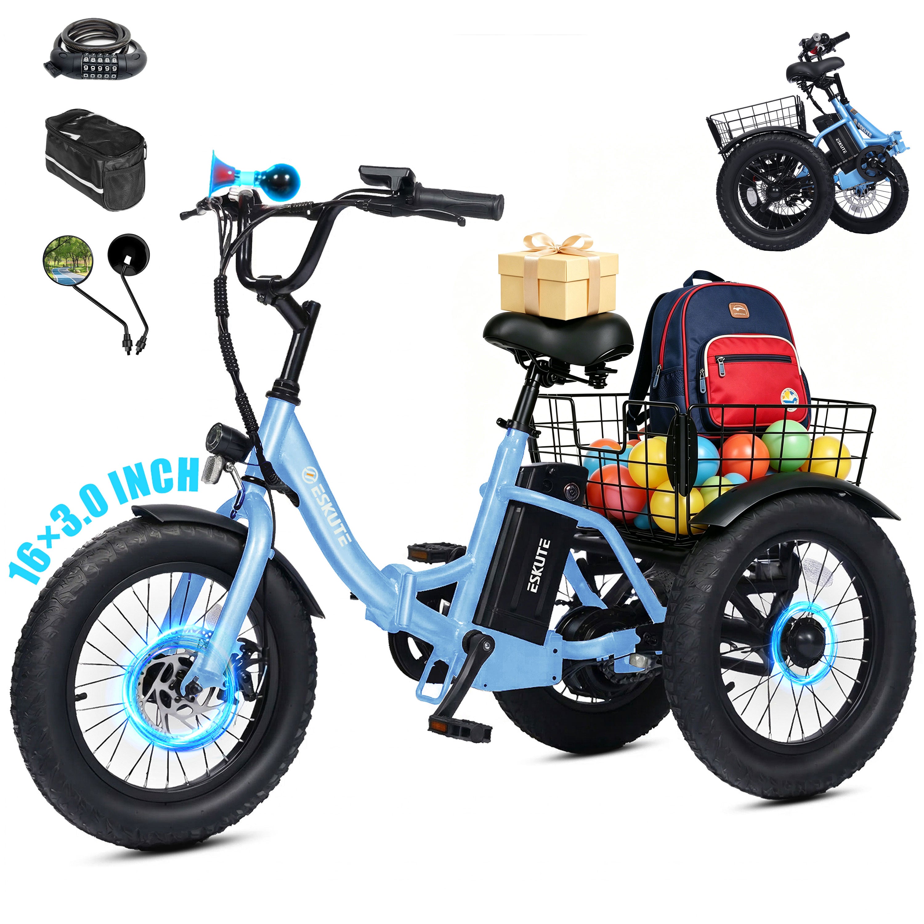 ESKUTE T300M Electric Tricycle for Beginners, Folding 3-Wheel E-Bike with 500W Peak Motor, 302Wh Battery, 12.5 MPH , 16" x 3.0 Fat Tires, Step-Thru, Blue