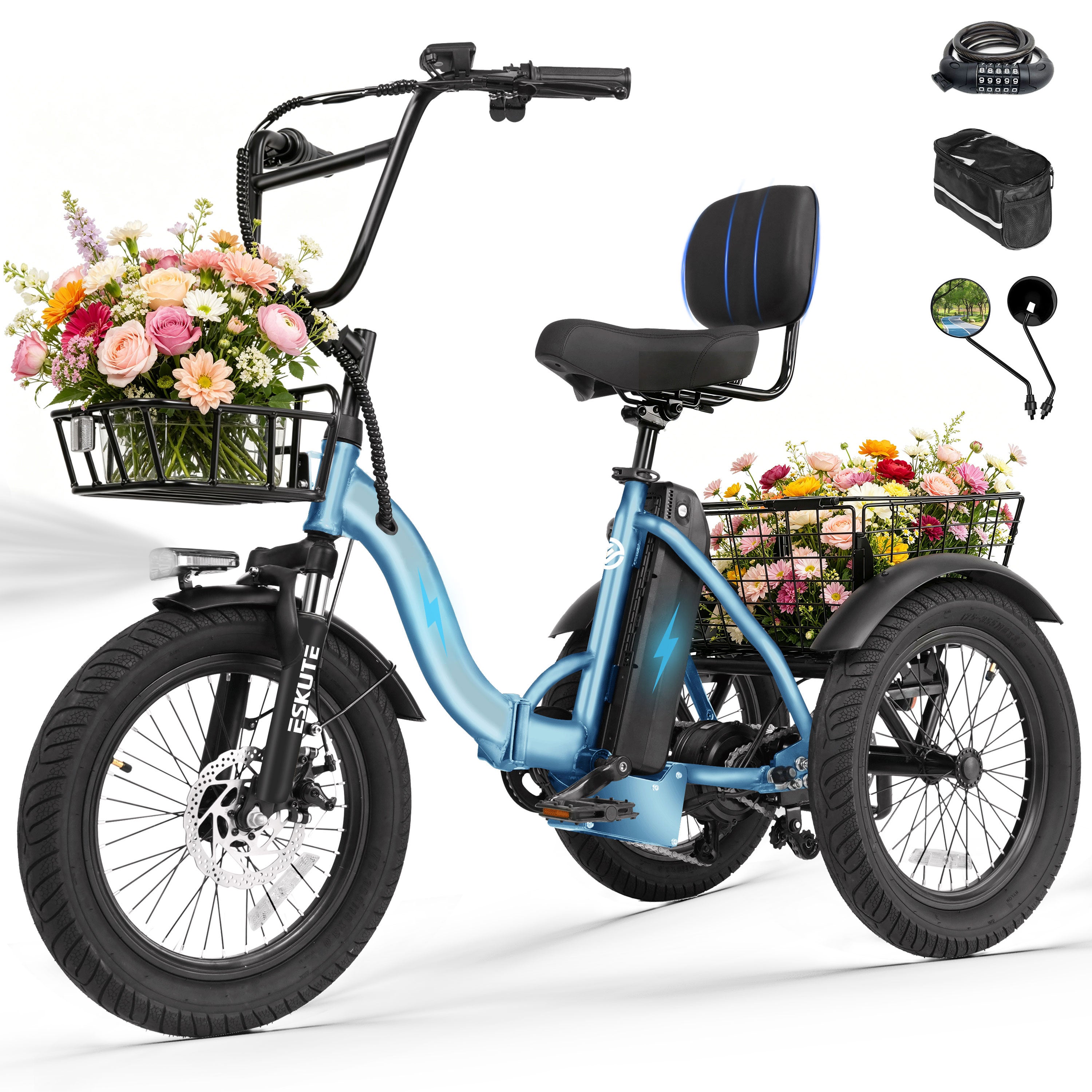 ESKUTE Adult Electric Tricycle, Folding Step-Thru E-Trike with Removable Battery, 18" x 3.0" Fat Tires, Long Range 3-Wheel Electric Bicycle for Daily Riding UL2849, Black