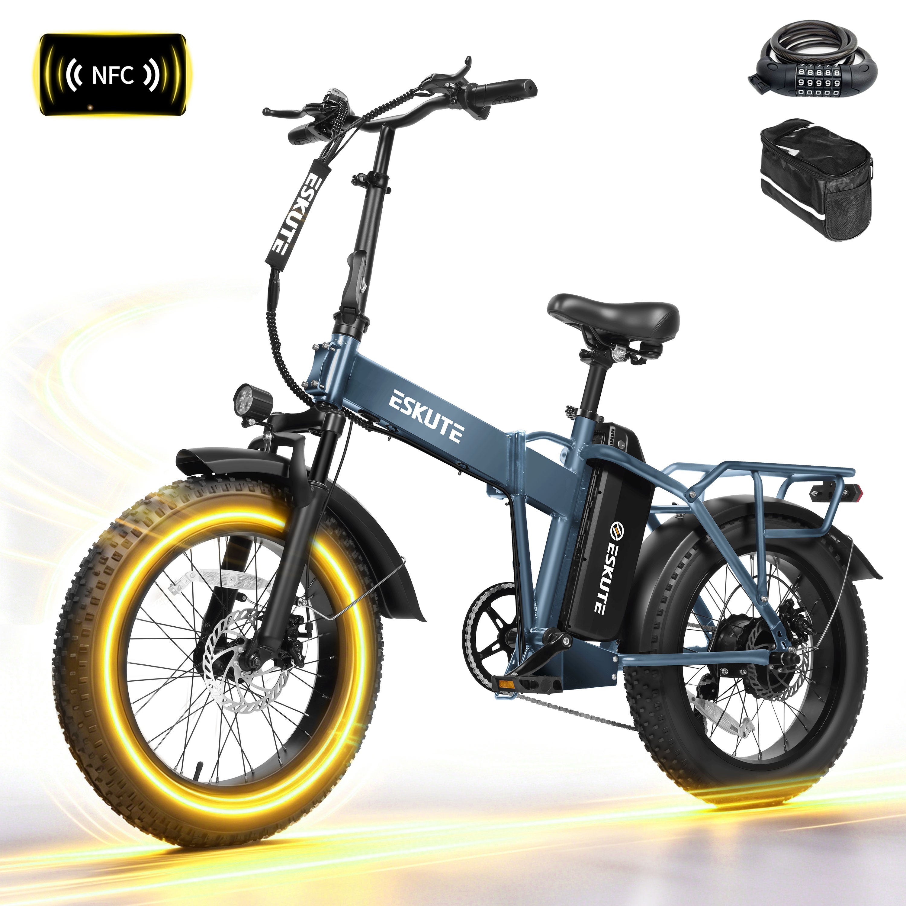ESKUTE D300D Electric Bike for Adults, Foldable Ebike, 1200W Peak Motor, 28MPH, 48V 20.8Ah Battery, 20"x4.0" Fat Tires, 80-Mile Range, 7-Speed, NFC Unlock Black