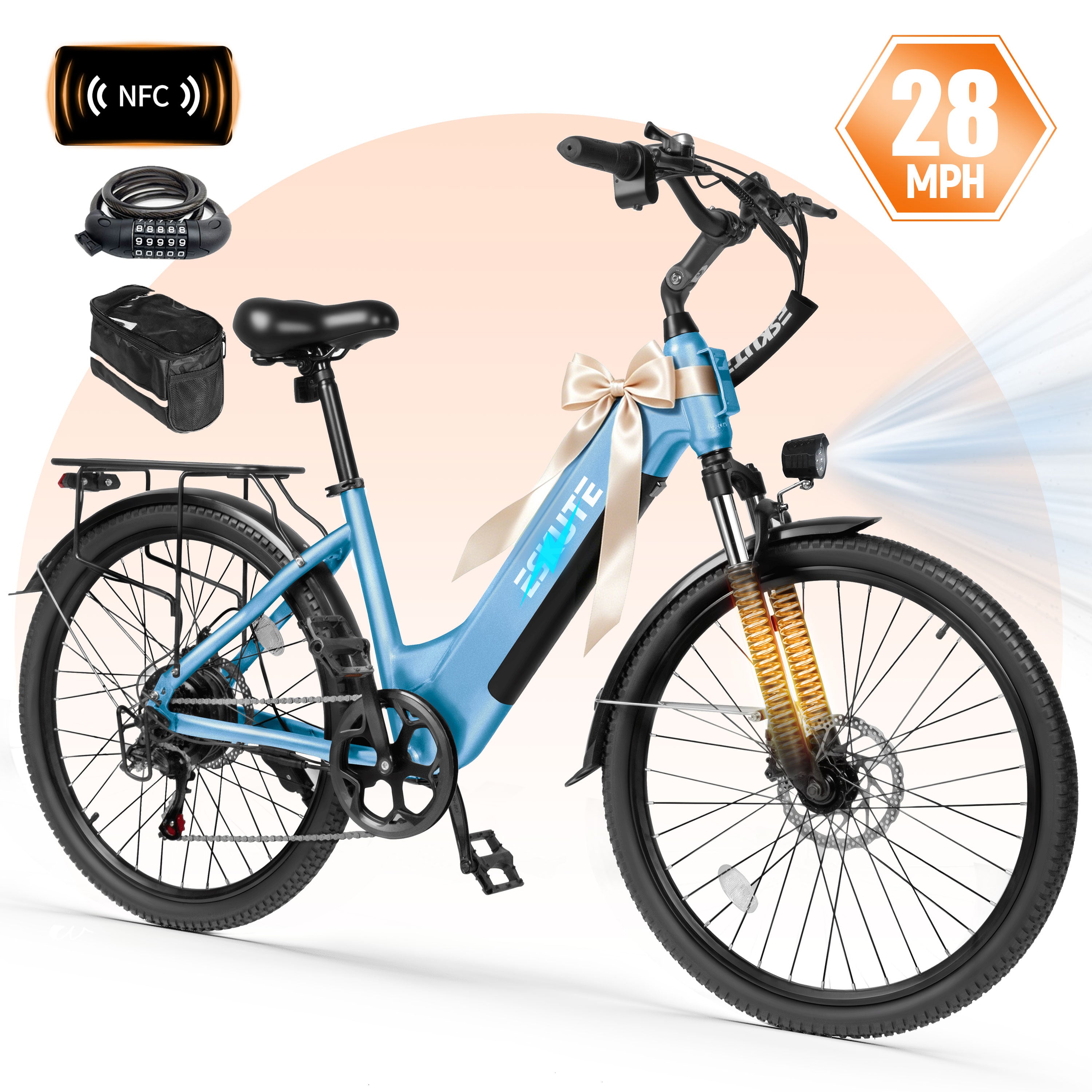 ESKUTE C200D Electric Bike for Adults – 1300W Peak Motor, 28MPH Step-Thru Ebike, 840Wh Removable Battery , Up to 70 Miles, 26" Tires, 7-Speed White
