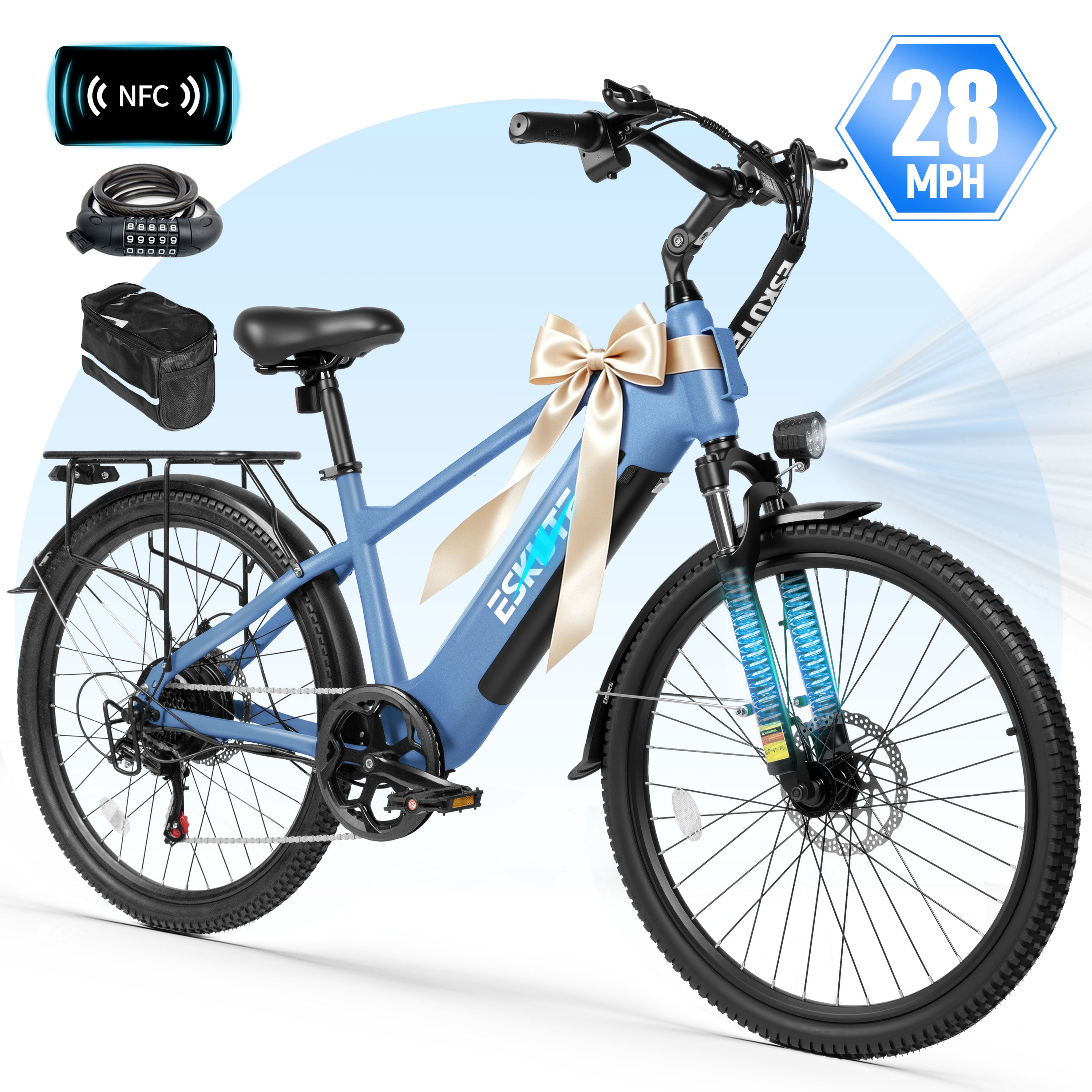 ESKUTE C200D 70-Mile Electric Bike for Adults, 840Wh Removable Battery, 1300W Peak Motor, Up to 28MPH, 26" Tires, 7-Speed Step-Over E-Bike Black
