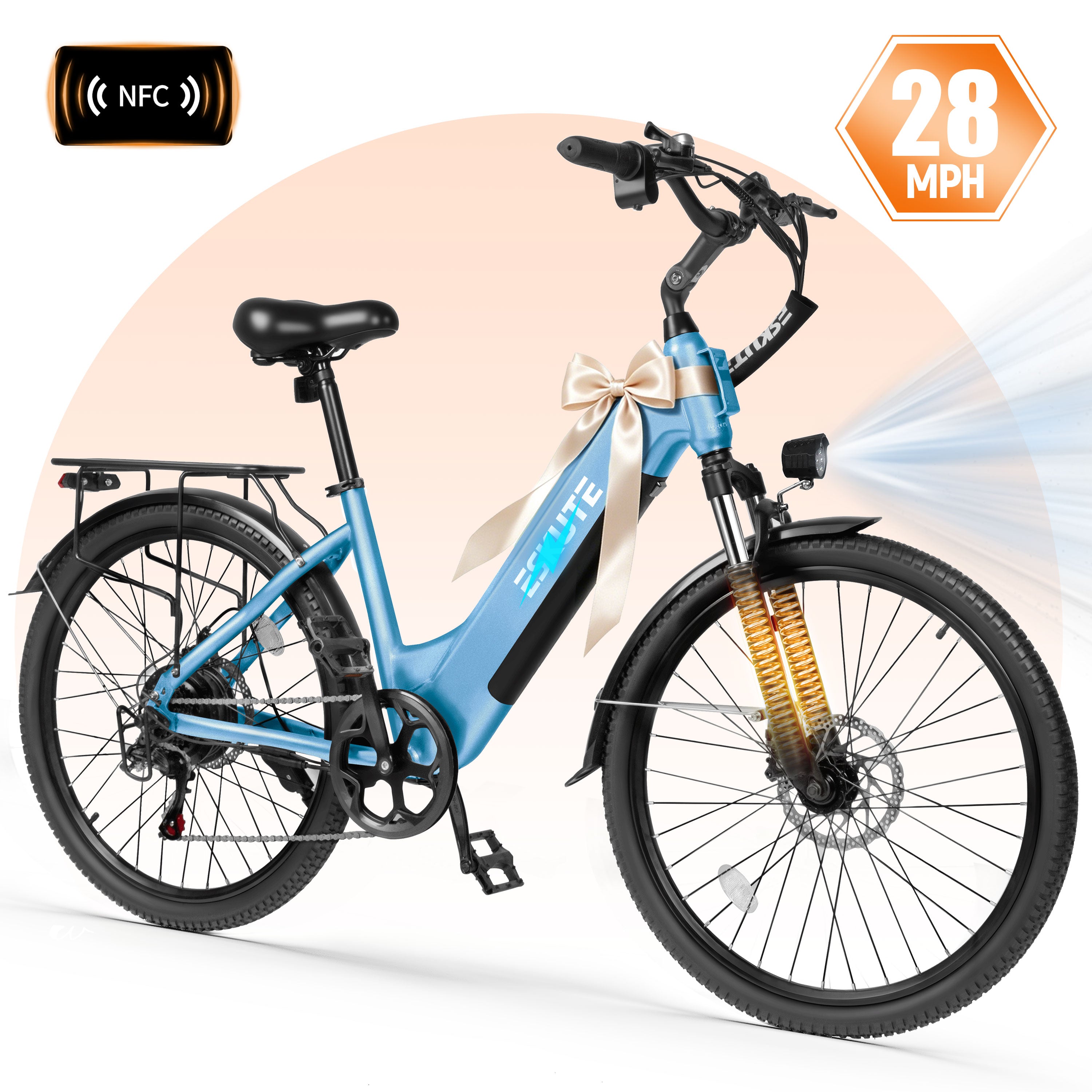 ESKUTE C200D Electric Bike for Adults – 1300W Peak Motor, 28MPH Step-Thru Ebike, 840Wh Removable Battery , Up to 70 Miles, 26" Tires, 7-Speed White