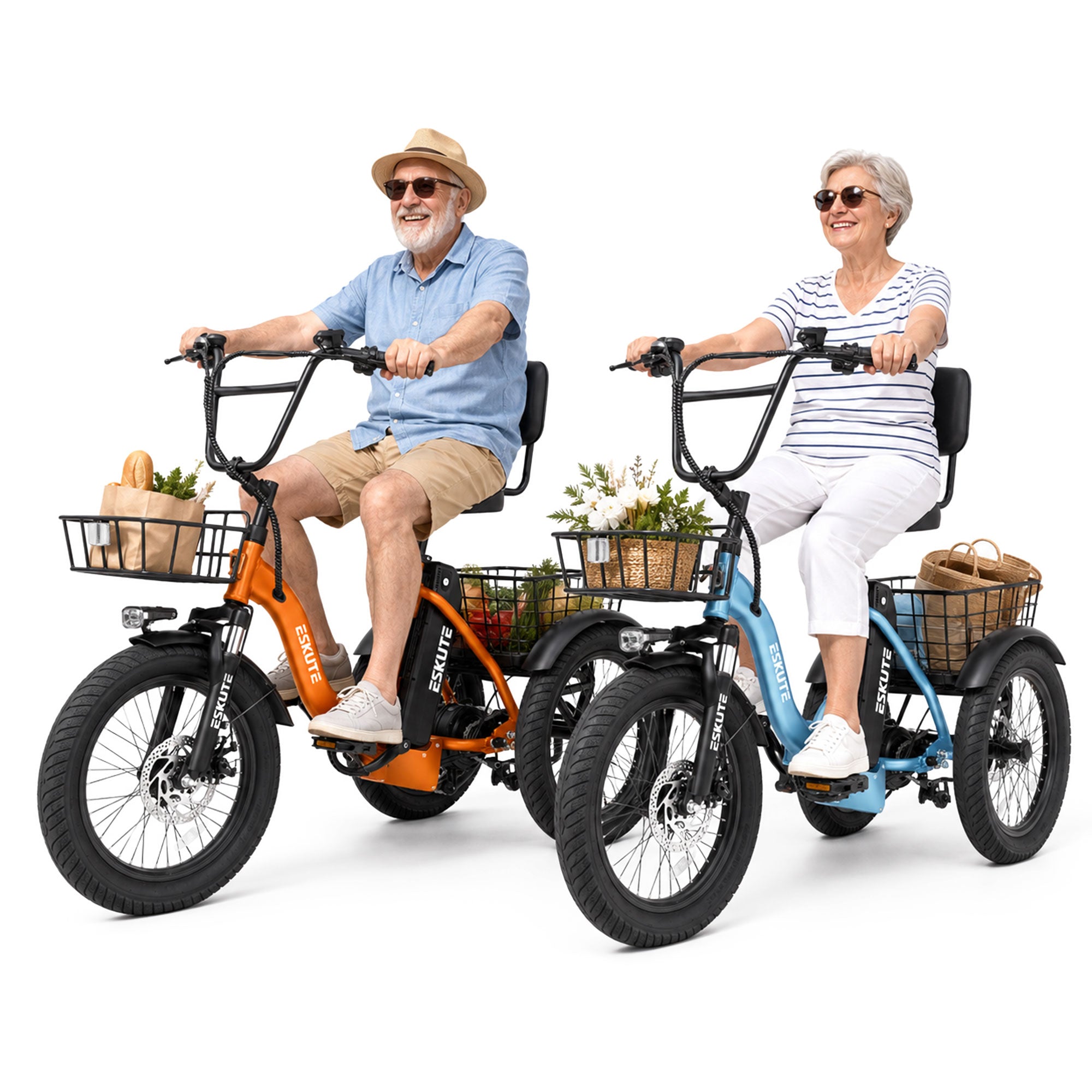 ESKUTE 2 Pcs T300 E Trike Electric Tricycle for Adults, 750W Brushless Motor 18MPH+ Fat Tire Folding Trike, Step-Thru 3 Wheel Electric Bicycle, Up to 55 Miles Black & White