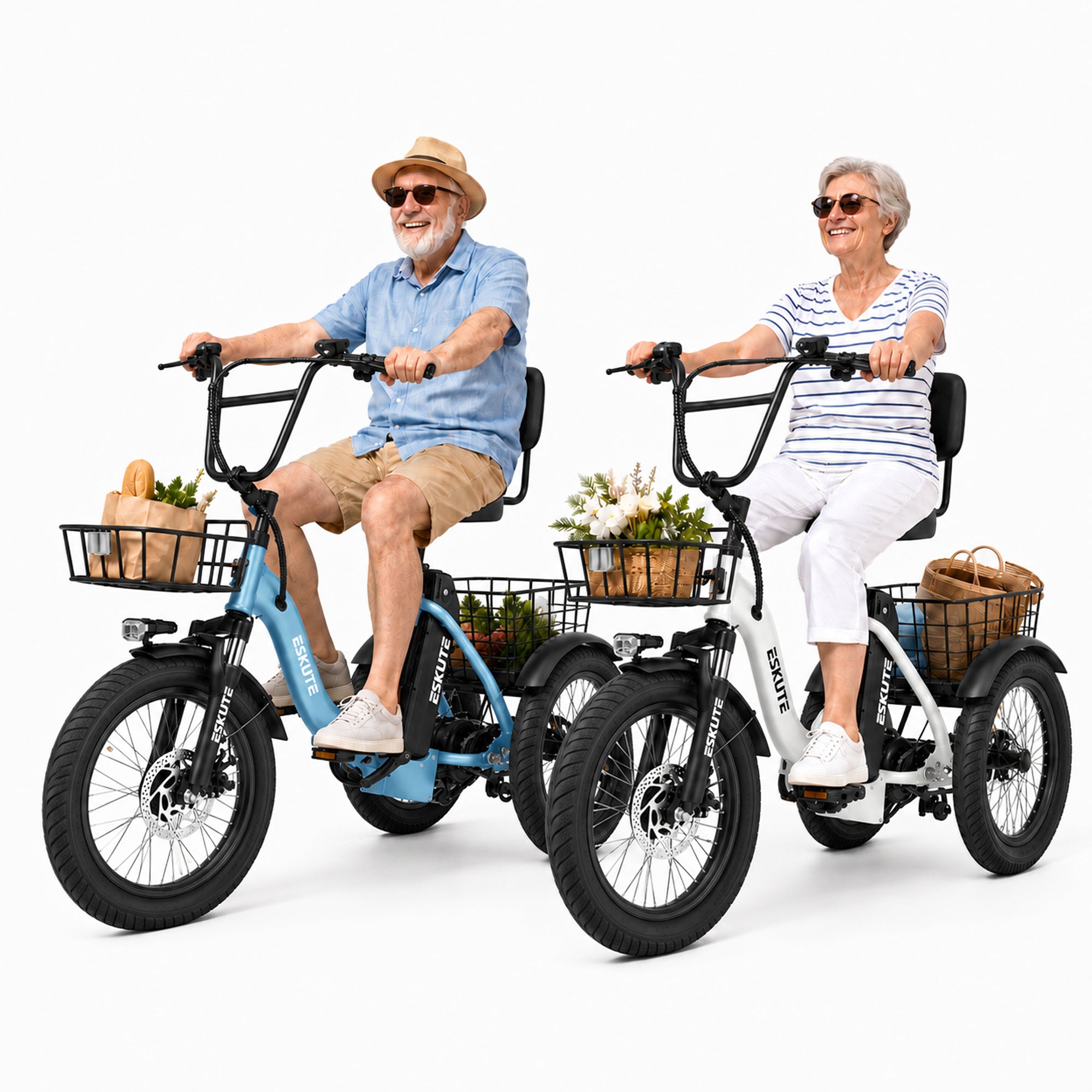 ESKUTE 2 Pcs T300 E Trike Electric Tricycle for Adults, 750W Brushless Motor 18MPH+ Fat Tire Folding Trike, Step-Thru 3 Wheel Electric Bicycle, Up to 55 Miles Black & White