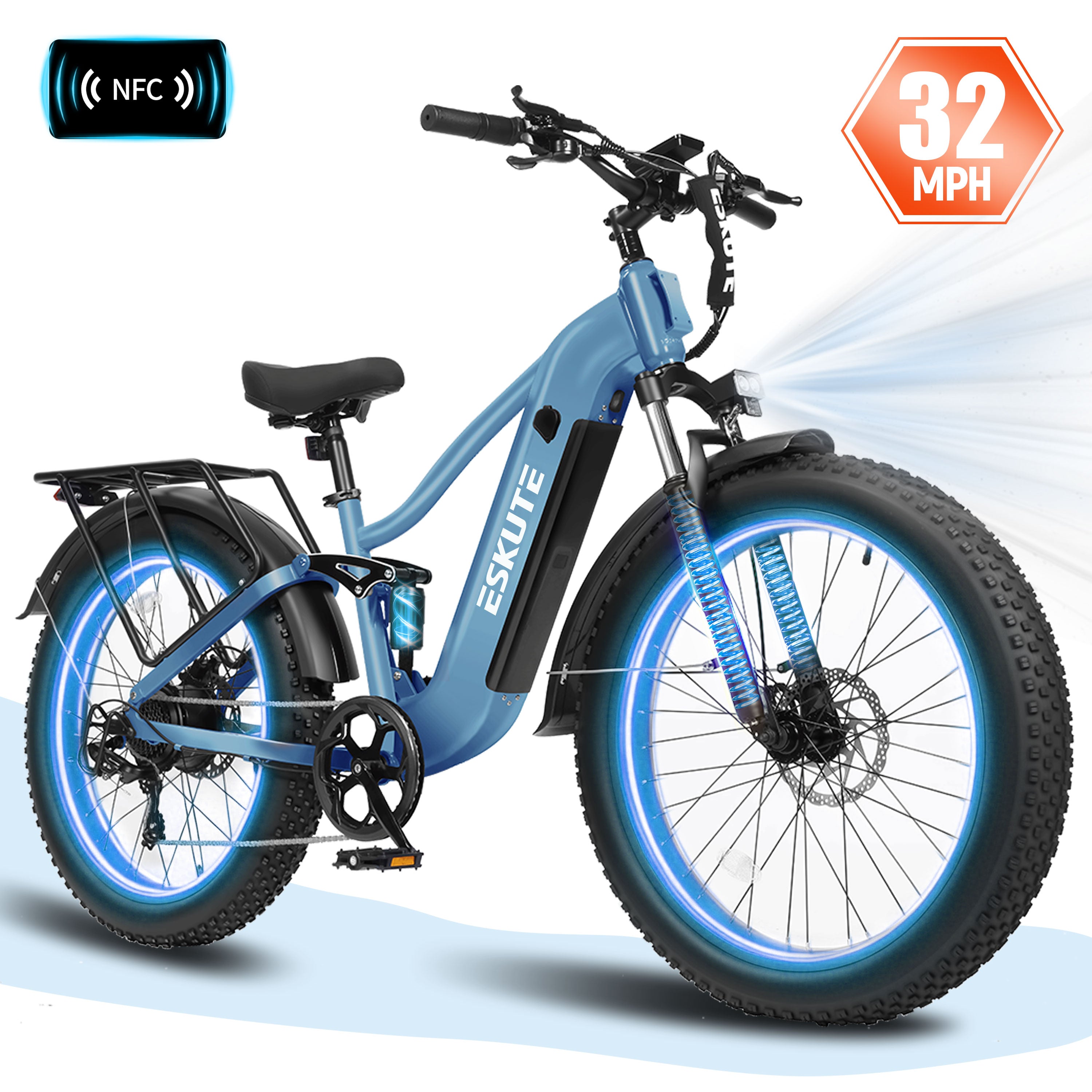 ESKUTE C300R Electric Bike for Adults, 32MPH High-Speed 1500W Motor, 80-Mile Range 48V 20.8Ah Battery, 26"x4.0" Fat Tire Ebike, Full Suspension, 8-Speed Black