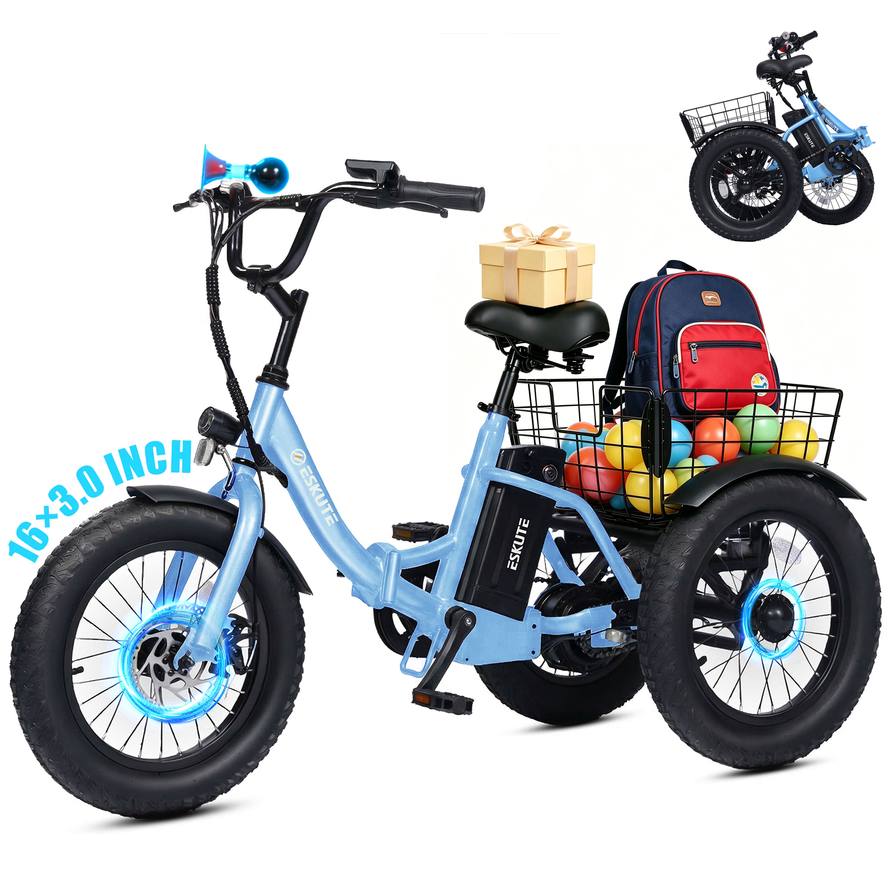 ESKUTE T300M Electric Tricycle for Beginners, Folding 3-Wheel E-Bike with 500W Peak Motor, 302Wh Battery, 12.5 MPH , 16" x 3.0 Fat Tires, Step-Thru, Blue