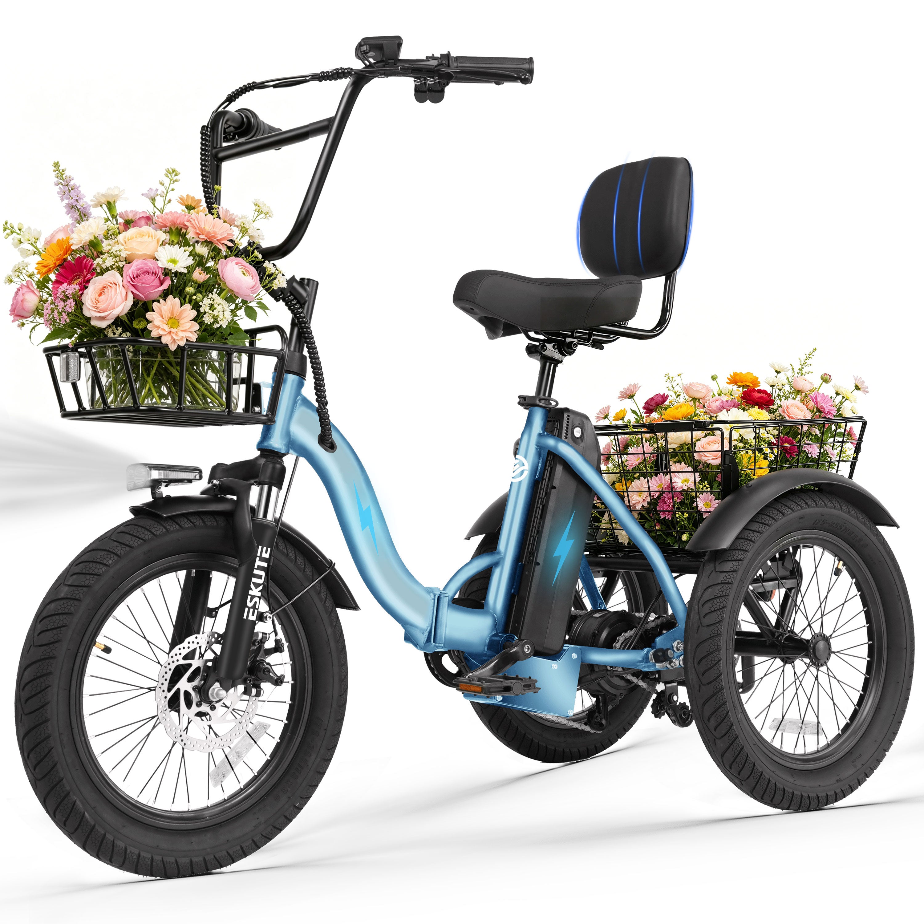 ESKUTE Adult Electric Tricycle, Folding Step-Thru E-Trike with Removable Battery, 18" x 3.0" Fat Tires, Long Range 3-Wheel Electric Bicycle for Daily Riding UL2849, Black