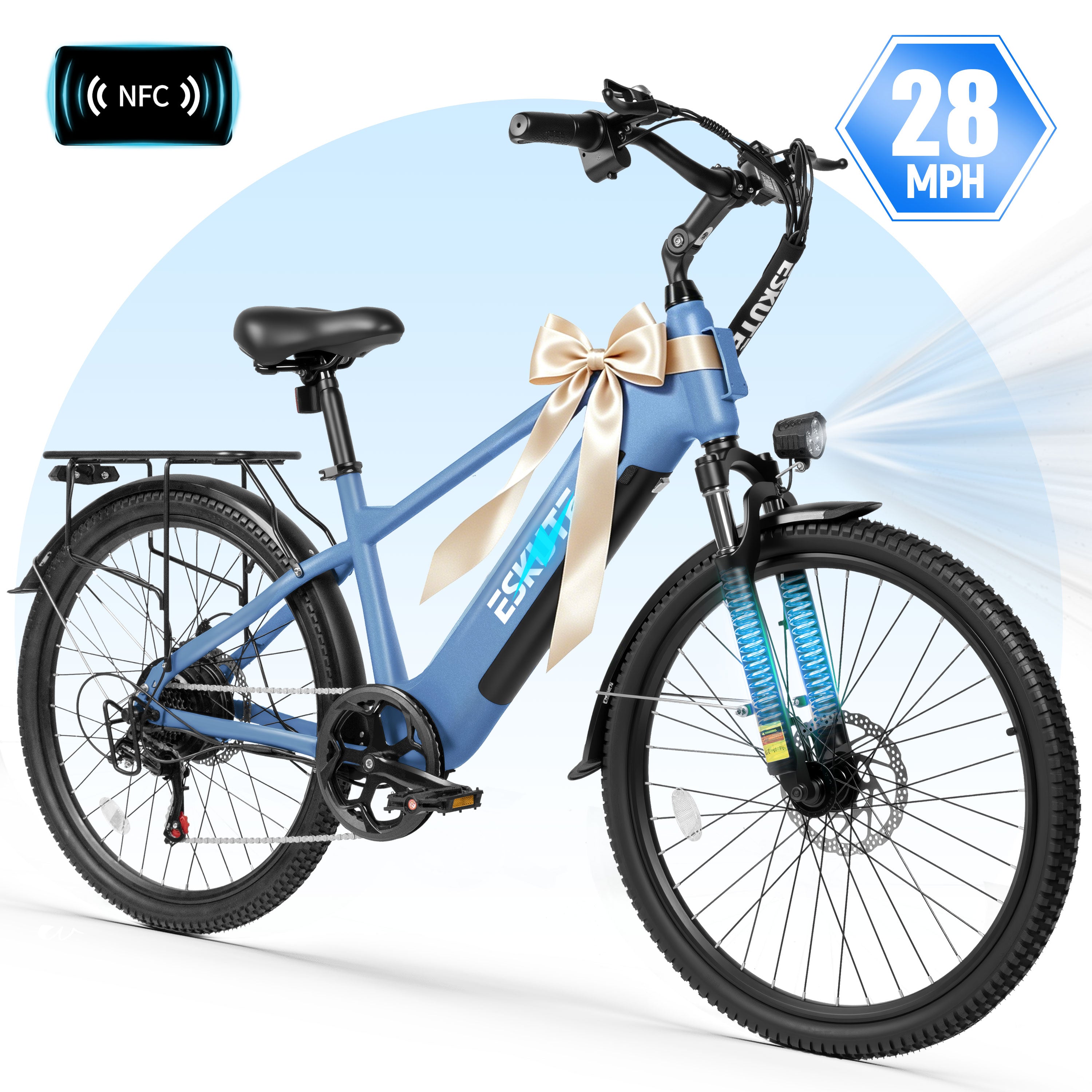 ESKUTE C200D 70-Mile Electric Bike for Adults, 840Wh Removable Battery, 1300W Peak Motor, Up to 28MPH, 26" Tires, 7-Speed Step-Over E-Bike Black