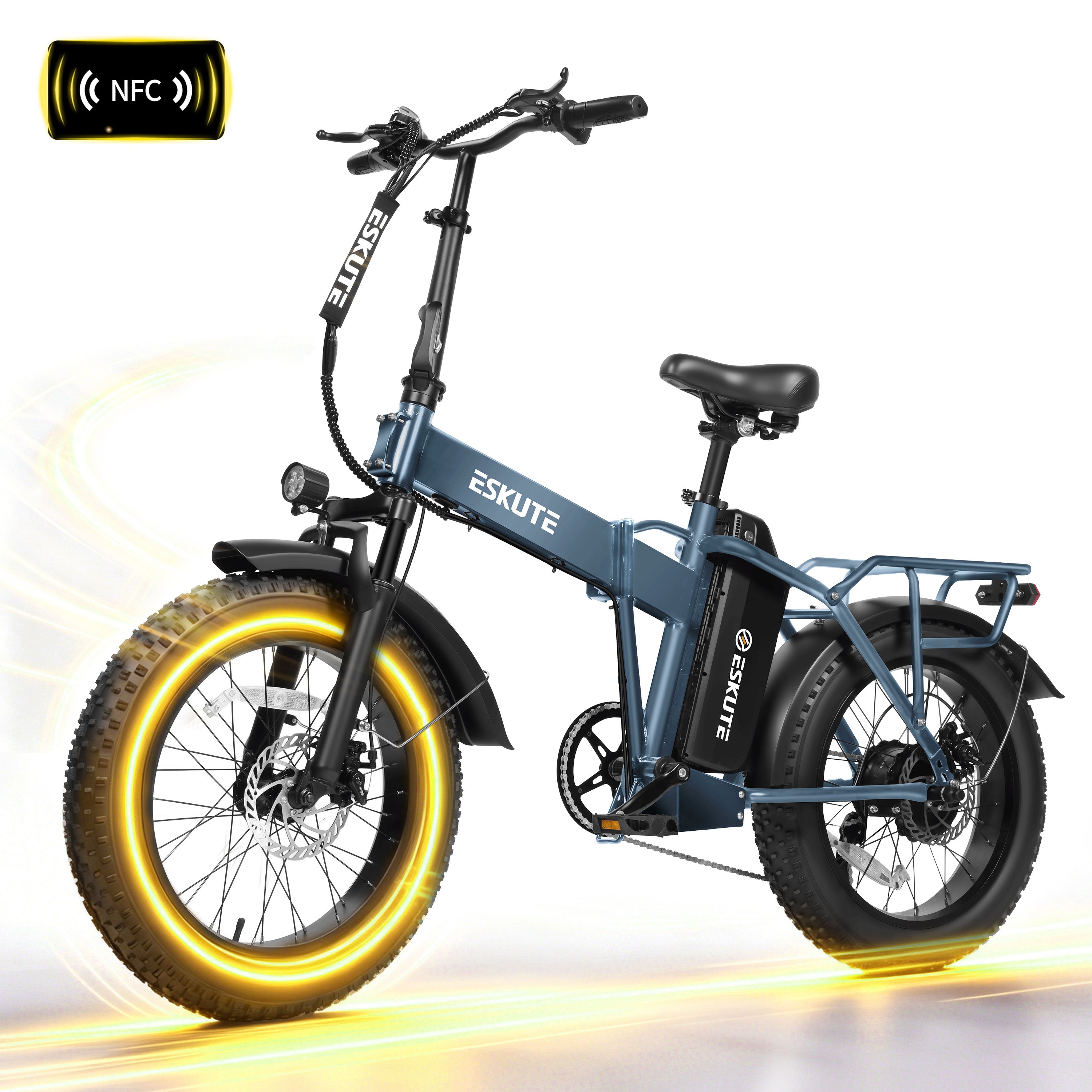 ESKUTE D300D Electric Bike for Adults, Foldable Ebike, 1200W Peak Motor, 28MPH, 48V 20.8Ah Battery, 20"x4.0" Fat Tires, 80-Mile Range, 7-Speed, NFC Unlock Black