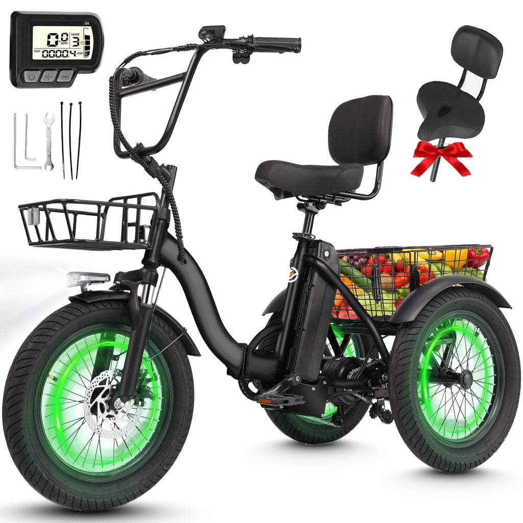 ESKUTE T300 E Trike Electric Tricycle for Adults, 750W Brushless Motor 18MPH+ Fat Tire Folding Trike, Step-Thru 3 Wheel Electric Bicycle, Up to 55 Miles Black with Oversized Seat