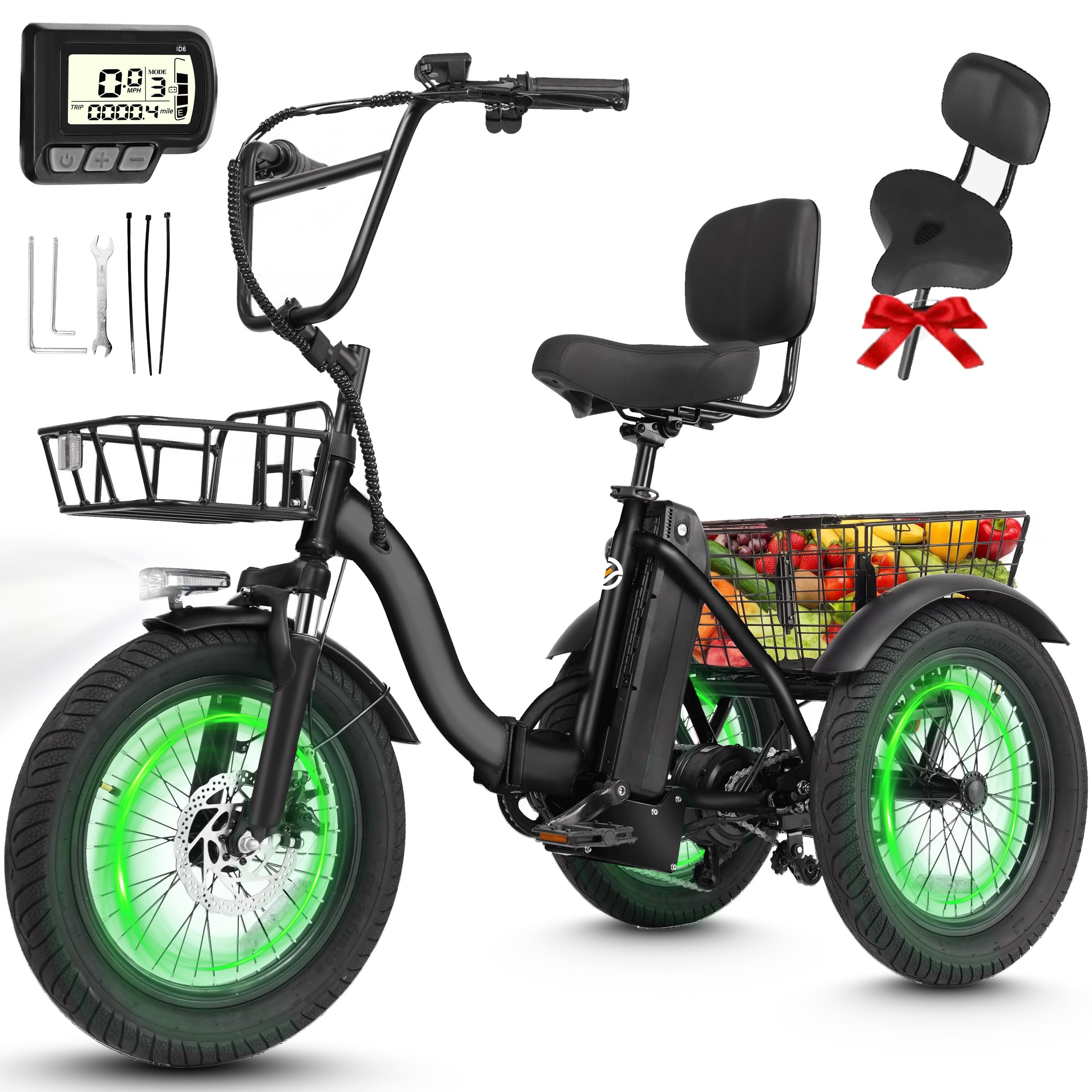 ESKUTE T300 E Trike Electric Tricycle for Adults, 750W Brushless Motor 18MPH+ Fat Tire Folding Trike, Step-Thru 3 Wheel Electric Bicycle, Up to 55 Miles Black with Oversized Seat