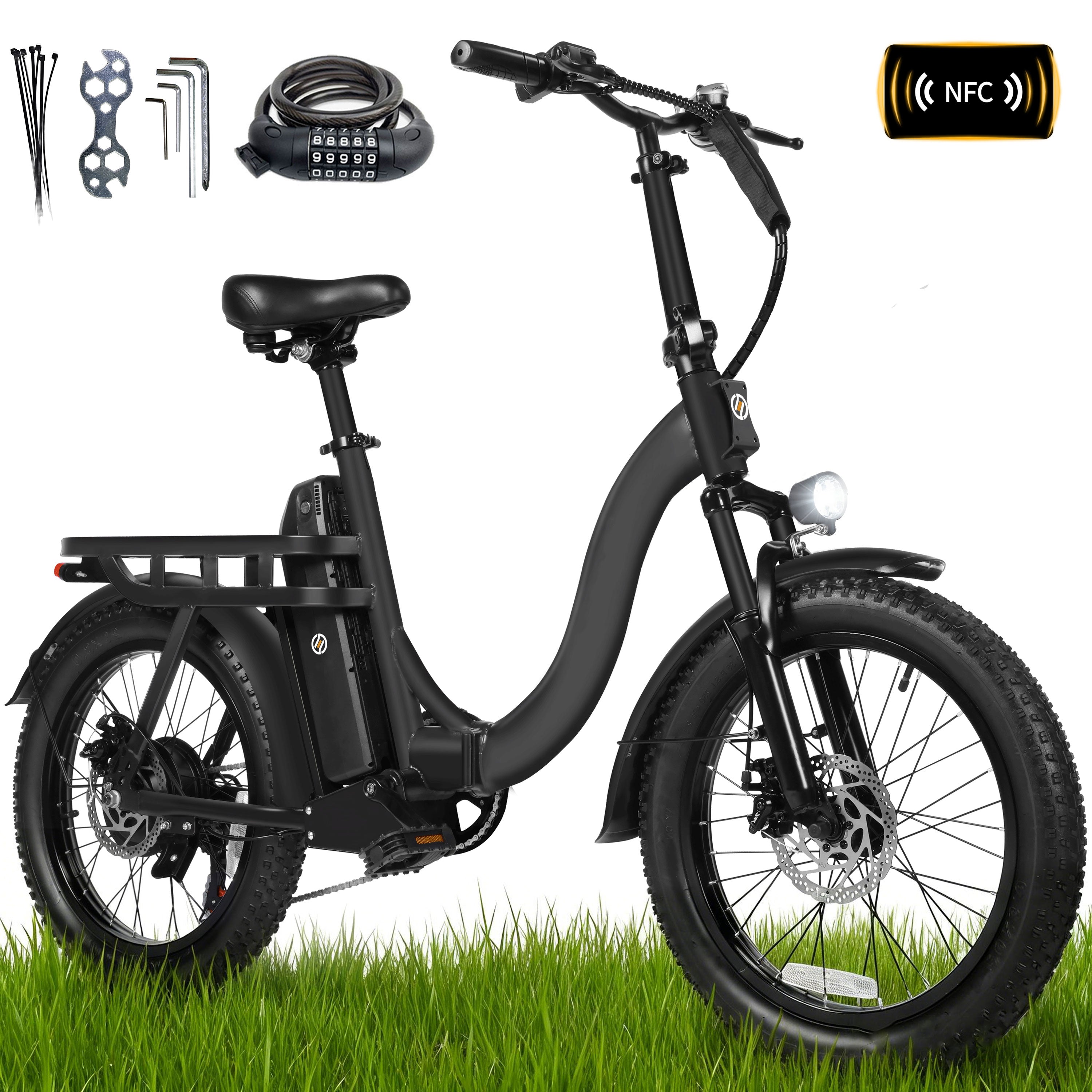 D200-750W Electric Bike for Adults Teens Students, 750W Peak Motor 28 Mph, 48V 10.4Ah Battery Up to 55 Miles, with 7‑Speed Step‑Through Cargo Fold E Bicycle, NFC Unlock, Black