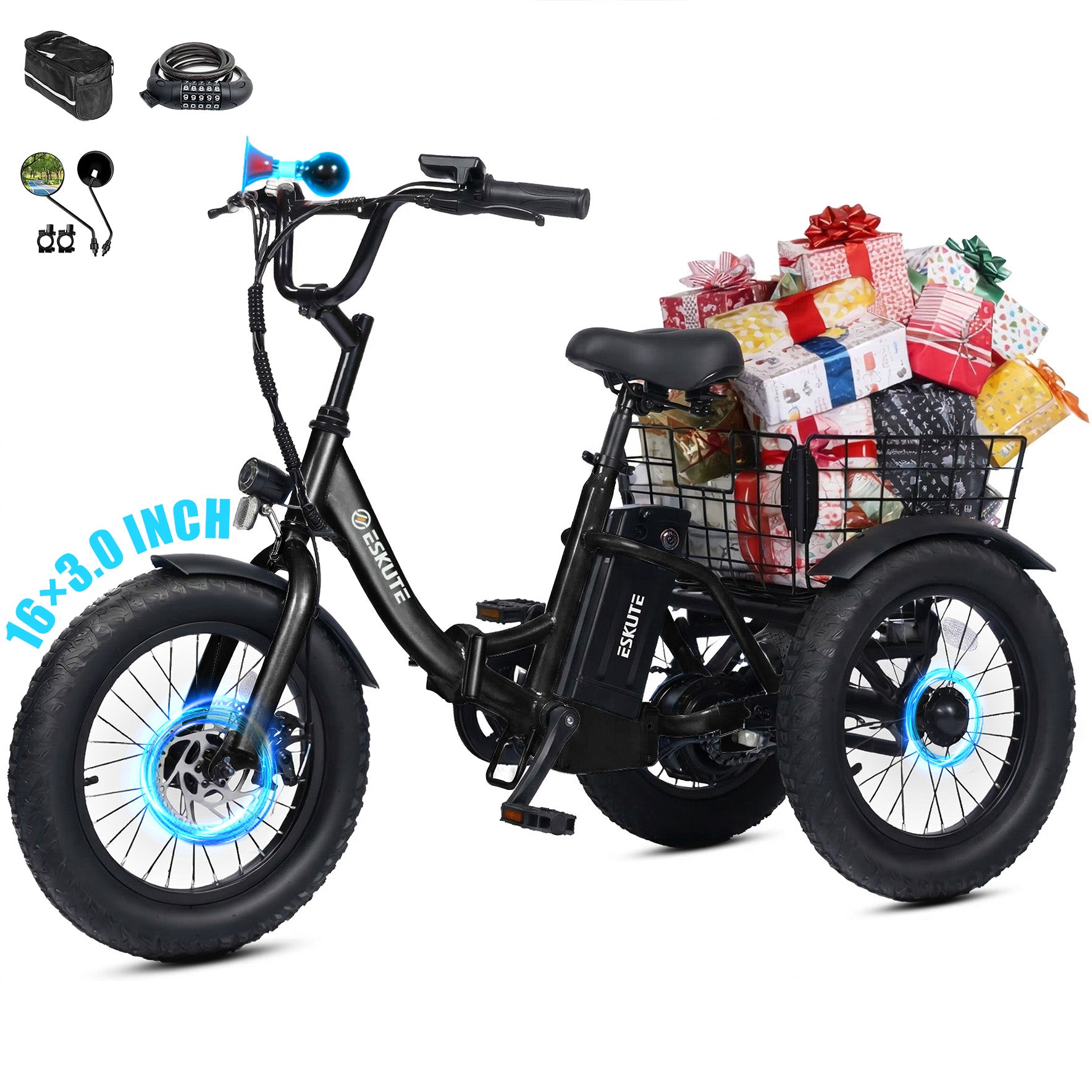 T300mini Electric Tricycle for Beginners, 16" x 3.0 Fat Tire Folding 3-Wheel E-Bike, 500W Peak Motor, 302Wh Battery, Step-Thru, 12.5 MPH, Black
