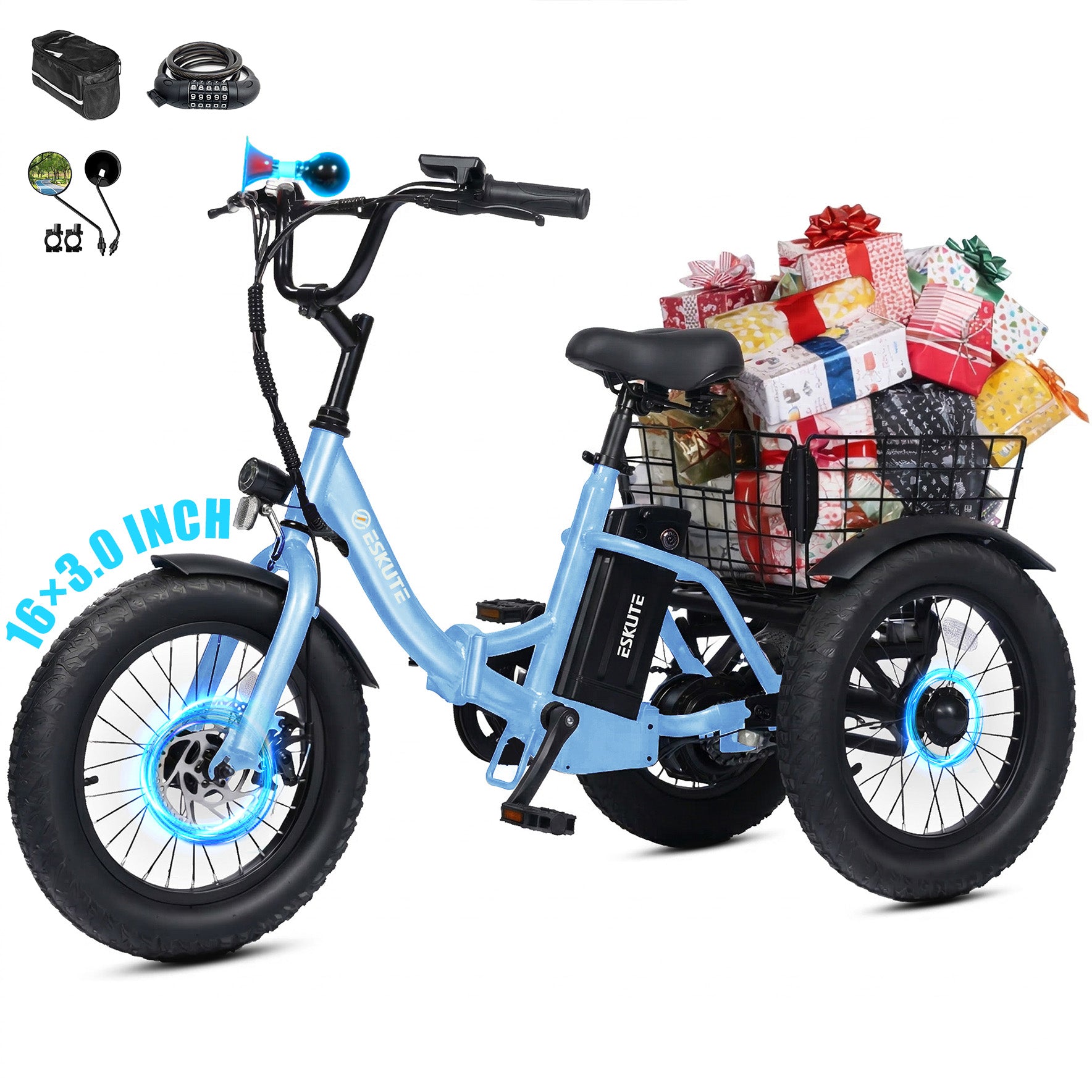 T300mini Electric Tricycle for Beginners, 16" x 3.0 Fat Tire Folding 3-Wheel E-Bike, 500W Peak Motor, 302Wh Battery, Step-Thru, 12.5 MPH, Black