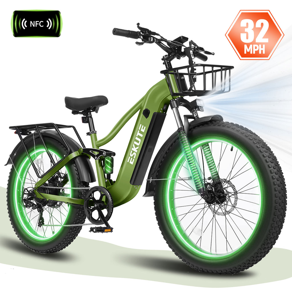 ESKUTE C300R Electric Bike for Adults, 32MPH High-Speed 1500W Motor, 80-Mile Range 48V 20.8Ah Battery, 26"x4.0" Fat Tire Ebike, Full Suspension, 8-Speed Black