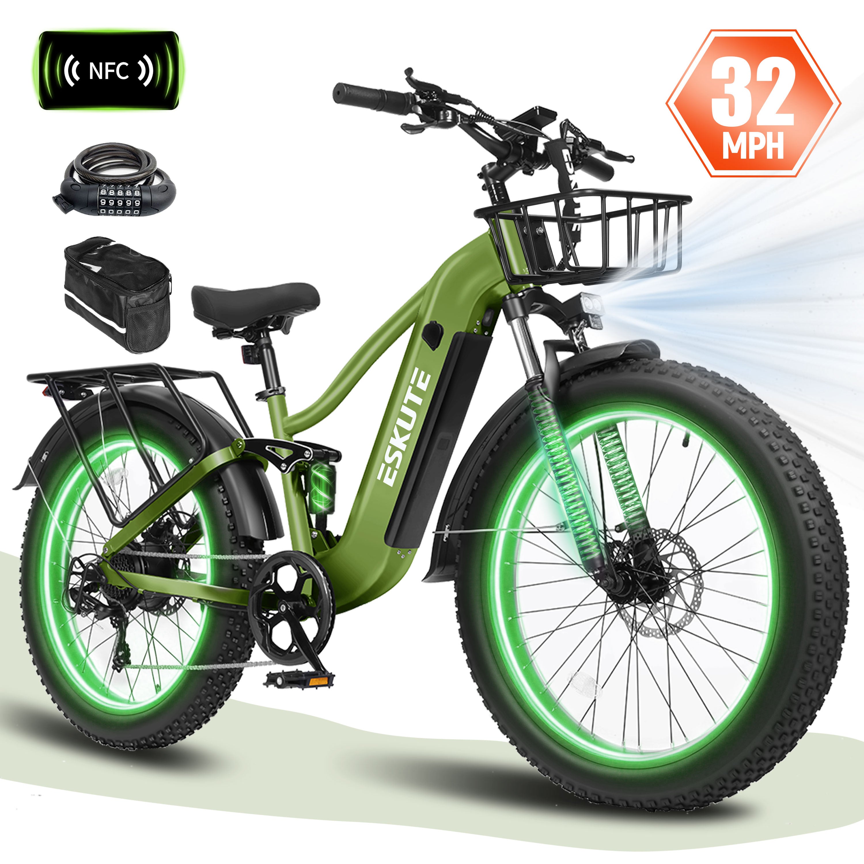 ESKUTE C300R Electric Bike for Adults, 32MPH High-Speed 1500W Motor, 80-Mile Range 48V 20.8Ah Battery, 26"x4.0" Fat Tire Ebike, Full Suspension, 8-Speed Black