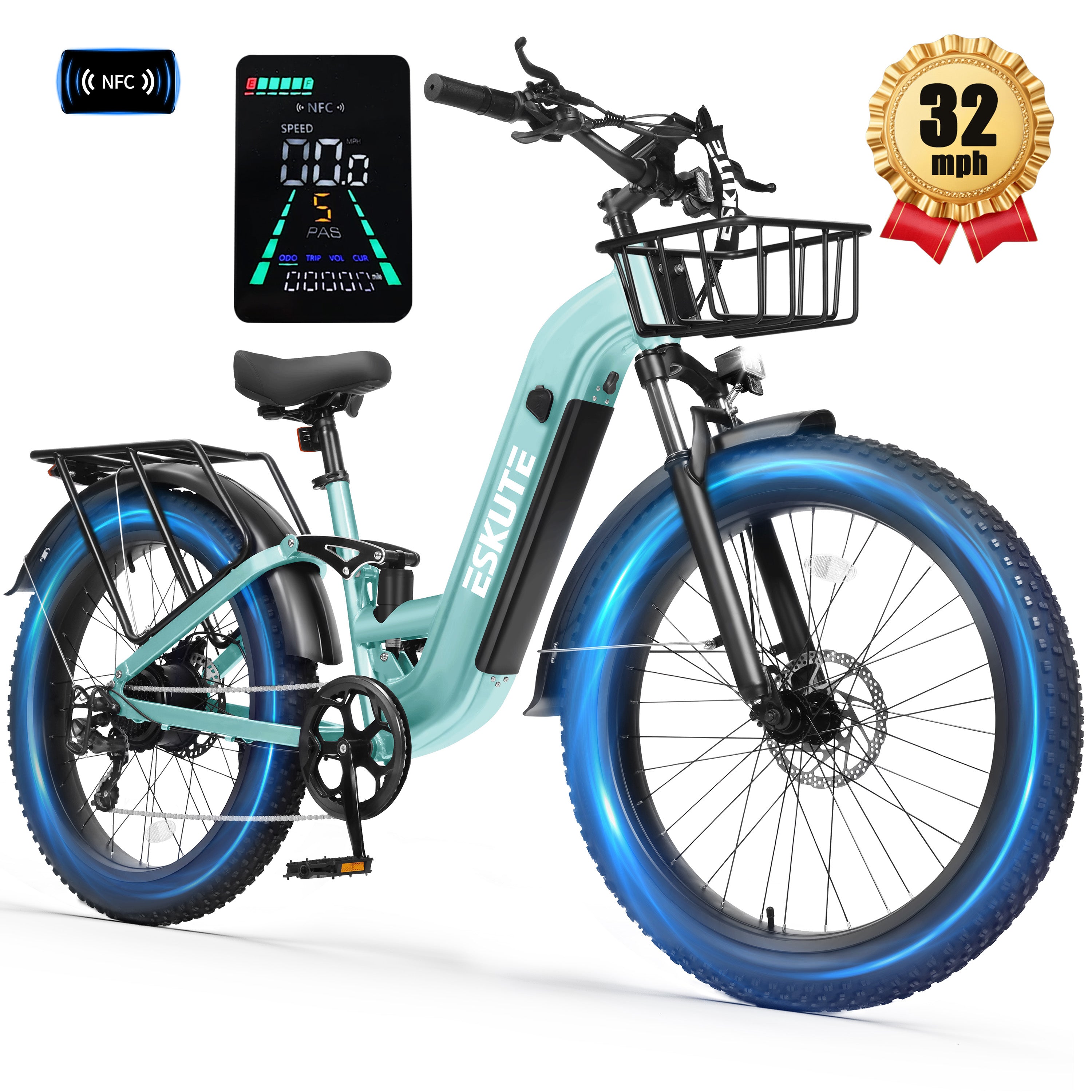 C300 1500W Electric Bike for Adults, 48V 20.8Ah Battery, 32MPH, 80 Miles Range, 26"x4.0" Fat Tire Step-Thru Ebike, Full Suspension Electric Bicycle, 8-Speed Black