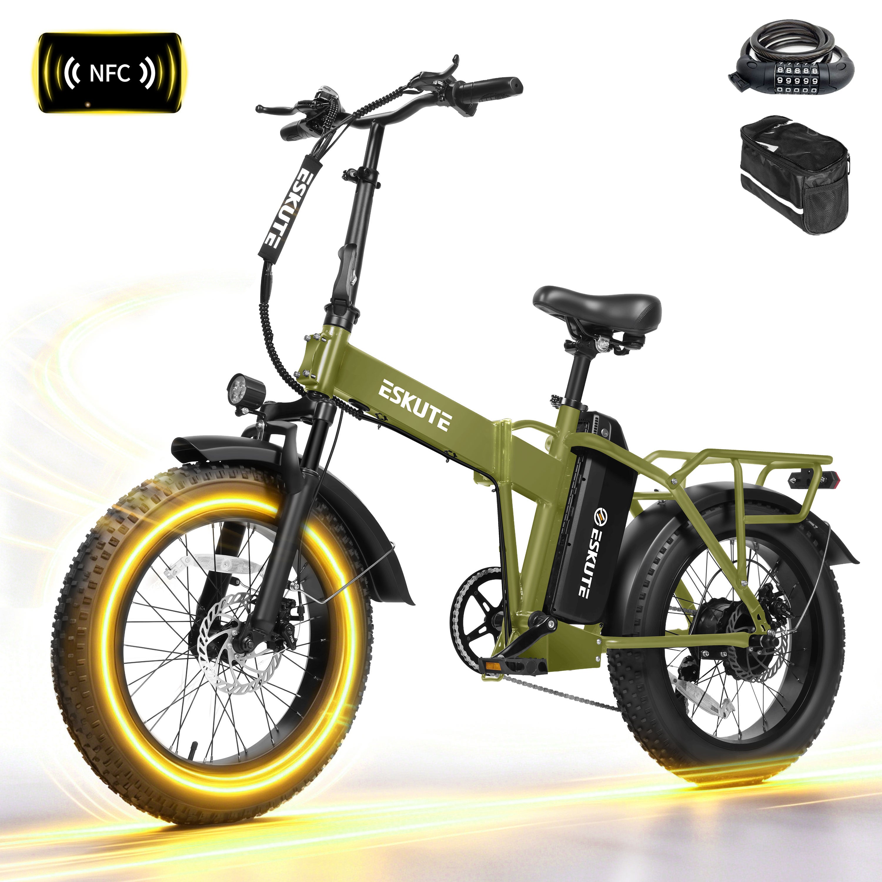 ESKUTE D300D Electric Bike for Adults, Foldable Ebike, 1200W Peak Motor, 28MPH, 48V 20.8Ah Battery, 20"x4.0" Fat Tires, 80-Mile Range, 7-Speed, NFC Unlock Black