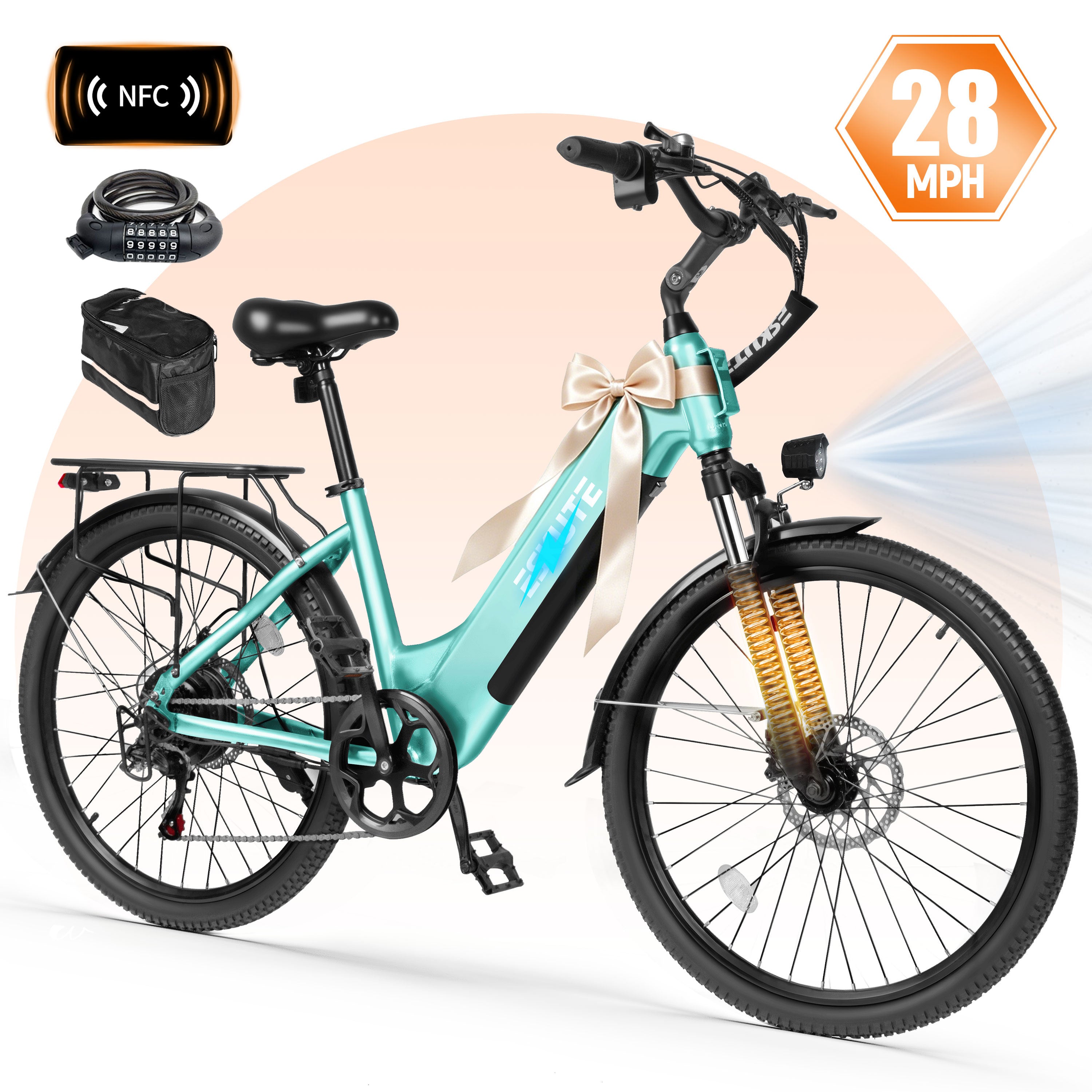 ESKUTE C200D Electric Bike for Adults – 1300W Peak Motor, 28MPH Step-Thru Ebike, 840Wh Removable Battery , Up to 70 Miles, 26" Tires, 7-Speed White
