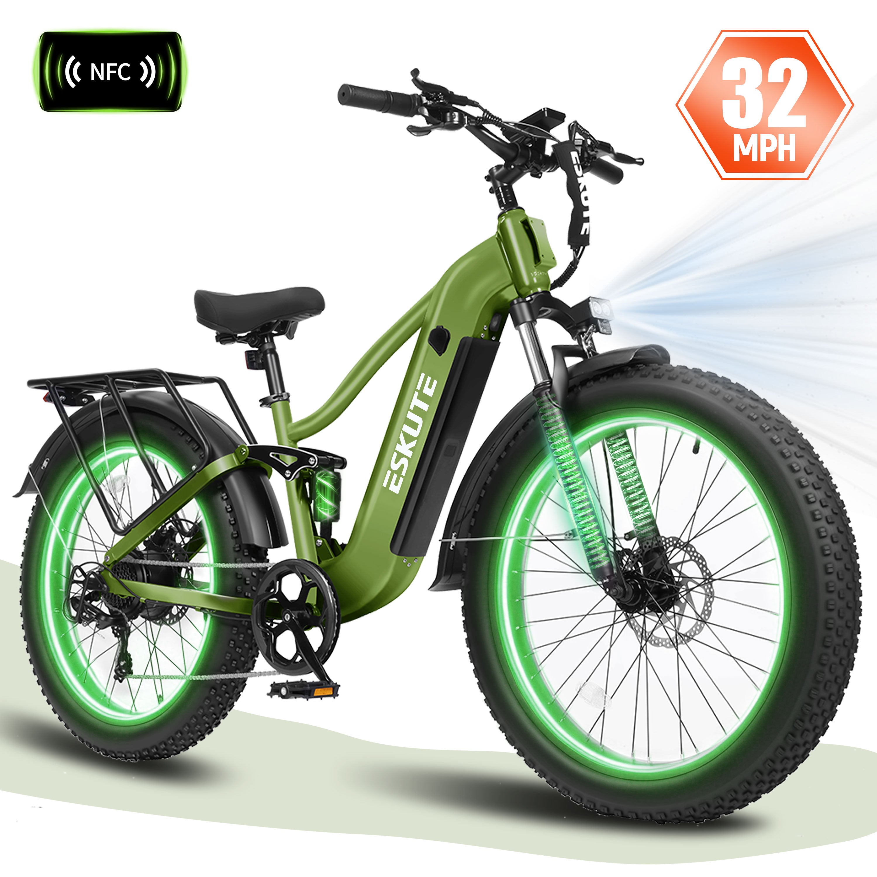 ESKUTE C300R Electric Bike for Adults, 32MPH High-Speed 1500W Motor, 80-Mile Range 48V 20.8Ah Battery, 26"x4.0" Fat Tire Ebike, Full Suspension, 8-Speed Black
