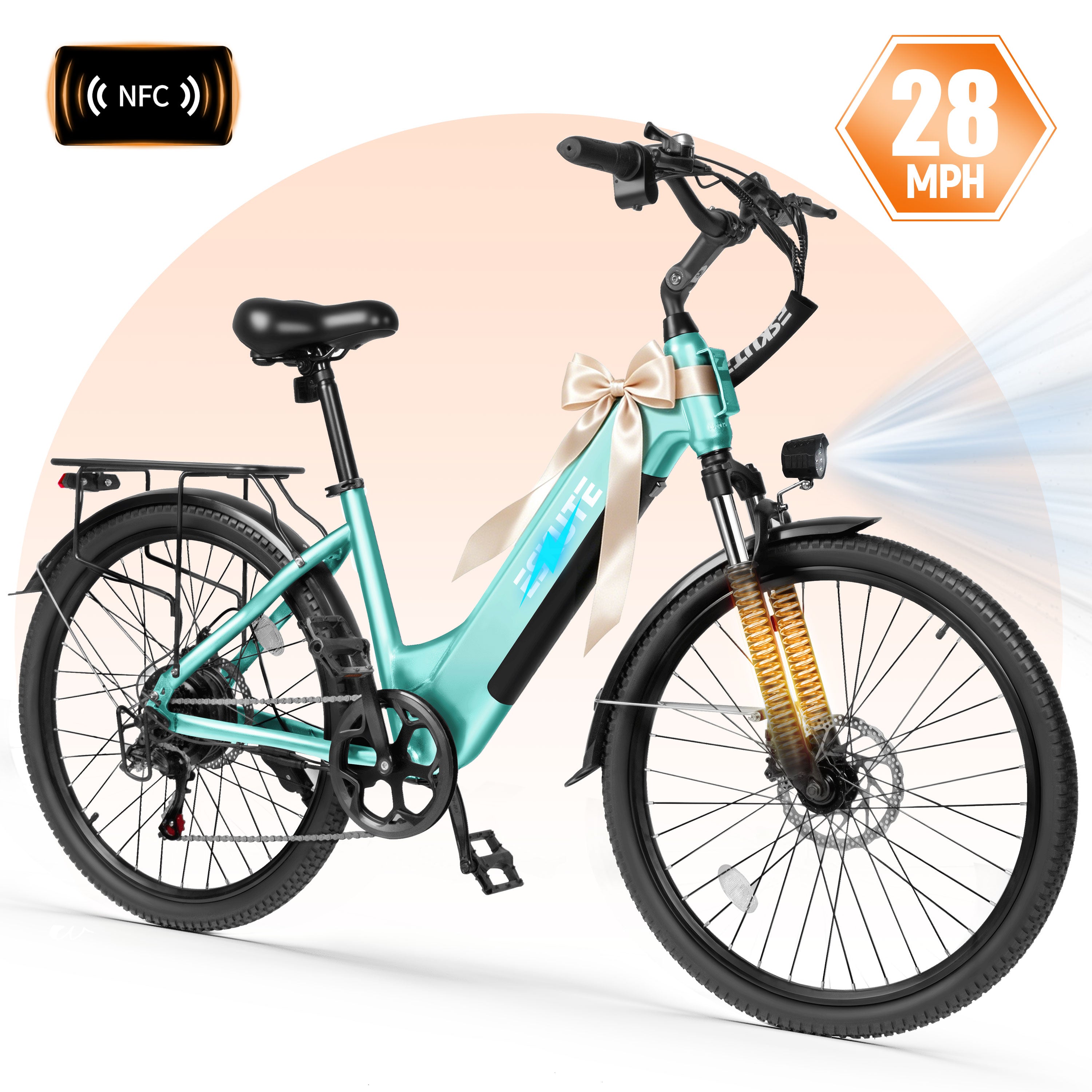 ESKUTE C200D Electric Bike for Adults – 1300W Peak Motor, 28MPH Step-Thru Ebike, 840Wh Removable Battery , Up to 70 Miles, 26" Tires, 7-Speed White