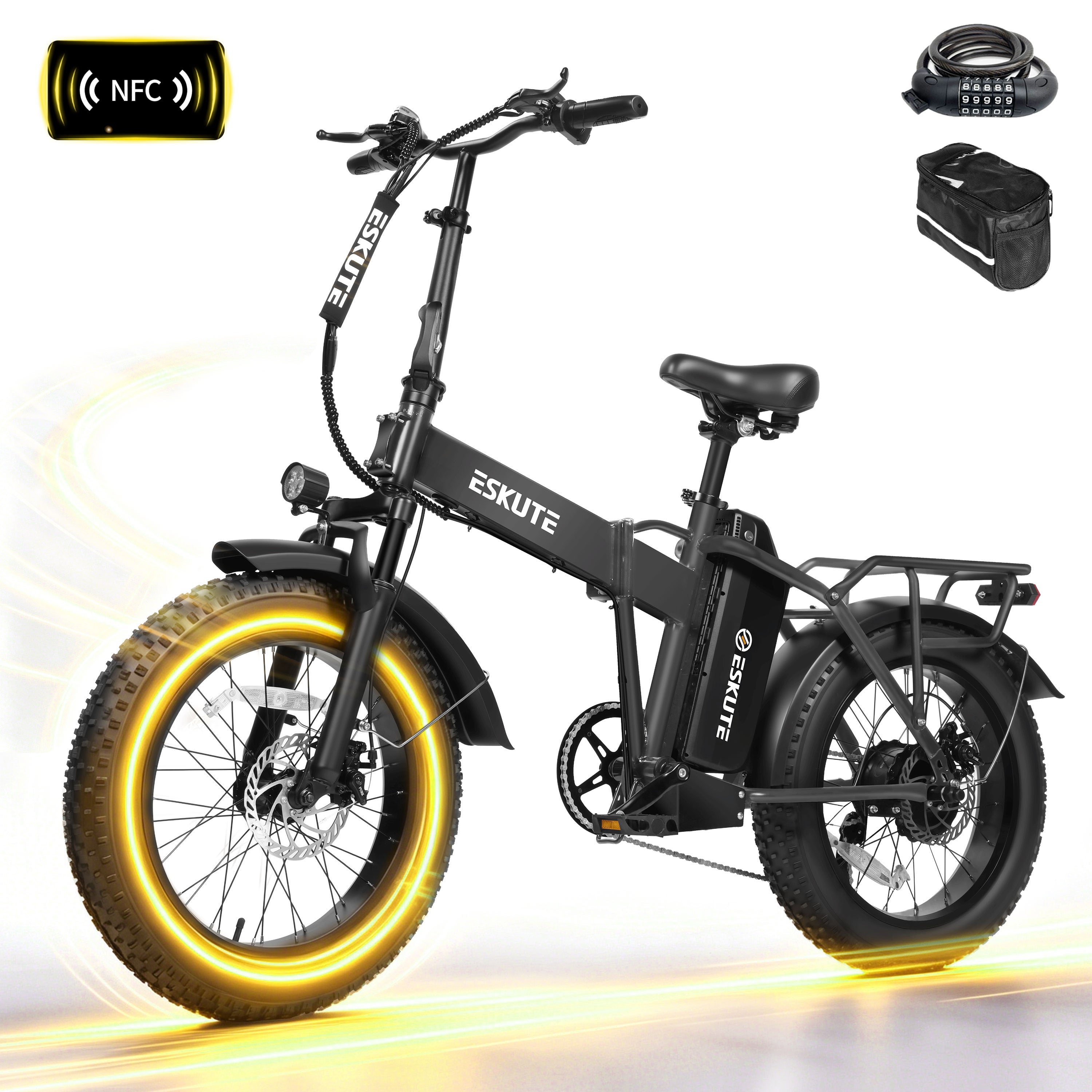 ESKUTE D300D Electric Bike for Adults, Foldable Ebike, 1200W Peak Motor, 28MPH, 48V 20.8Ah Battery, 20"x4.0" Fat Tires, 80-Mile Range, 7-Speed, NFC Unlock Black