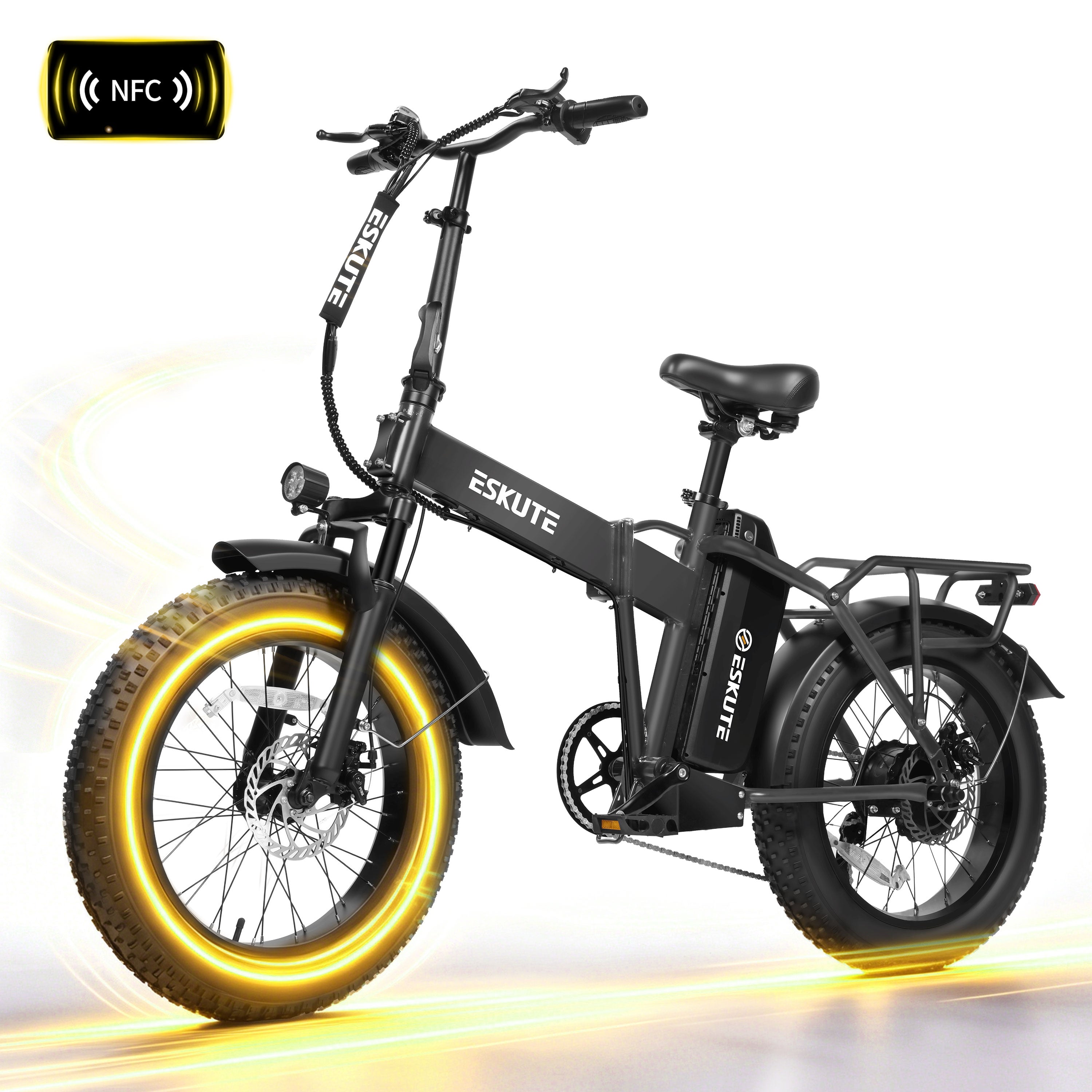 ESKUTE D300D Electric Bike for Adults, Foldable Ebike, 1200W Peak Motor, 28MPH, 48V 20.8Ah Battery, 20"x4.0" Fat Tires, 80-Mile Range, 7-Speed, NFC Unlock Black