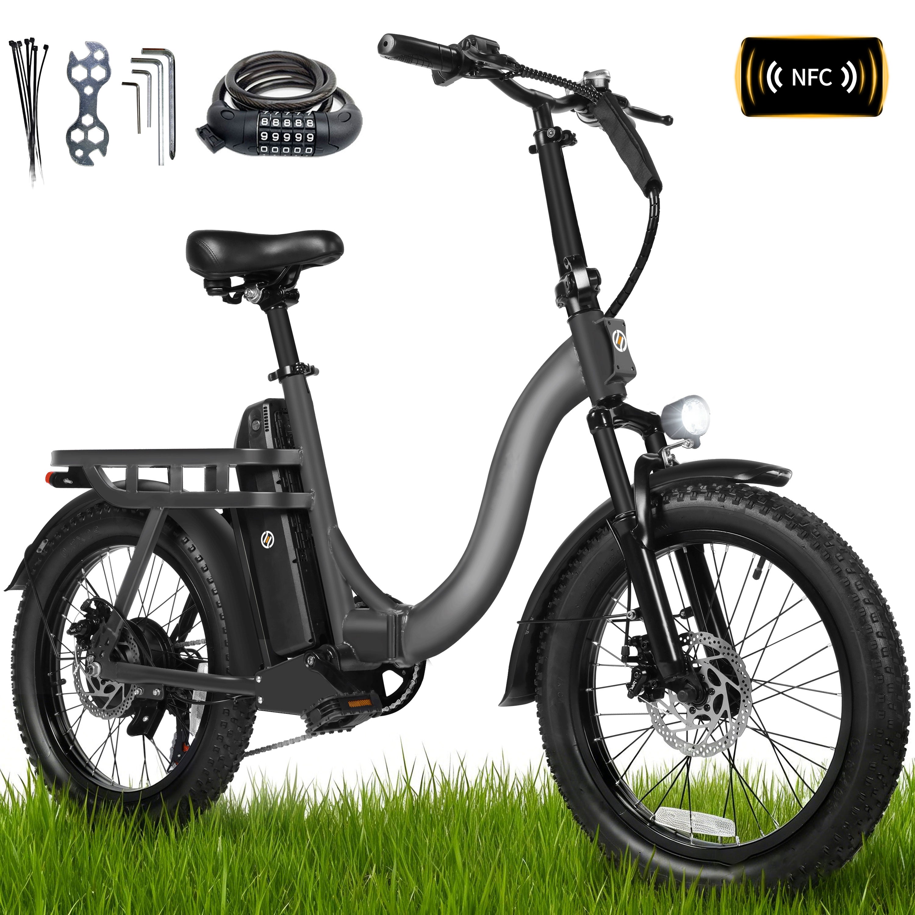 D200-750W Electric Bike for Adults Teens Students, 750W Peak Motor 28 Mph, 48V 10.4Ah Battery Up to 55 Miles, with 7‑Speed Step‑Through Cargo Fold E Bicycle, NFC Unlock, Black