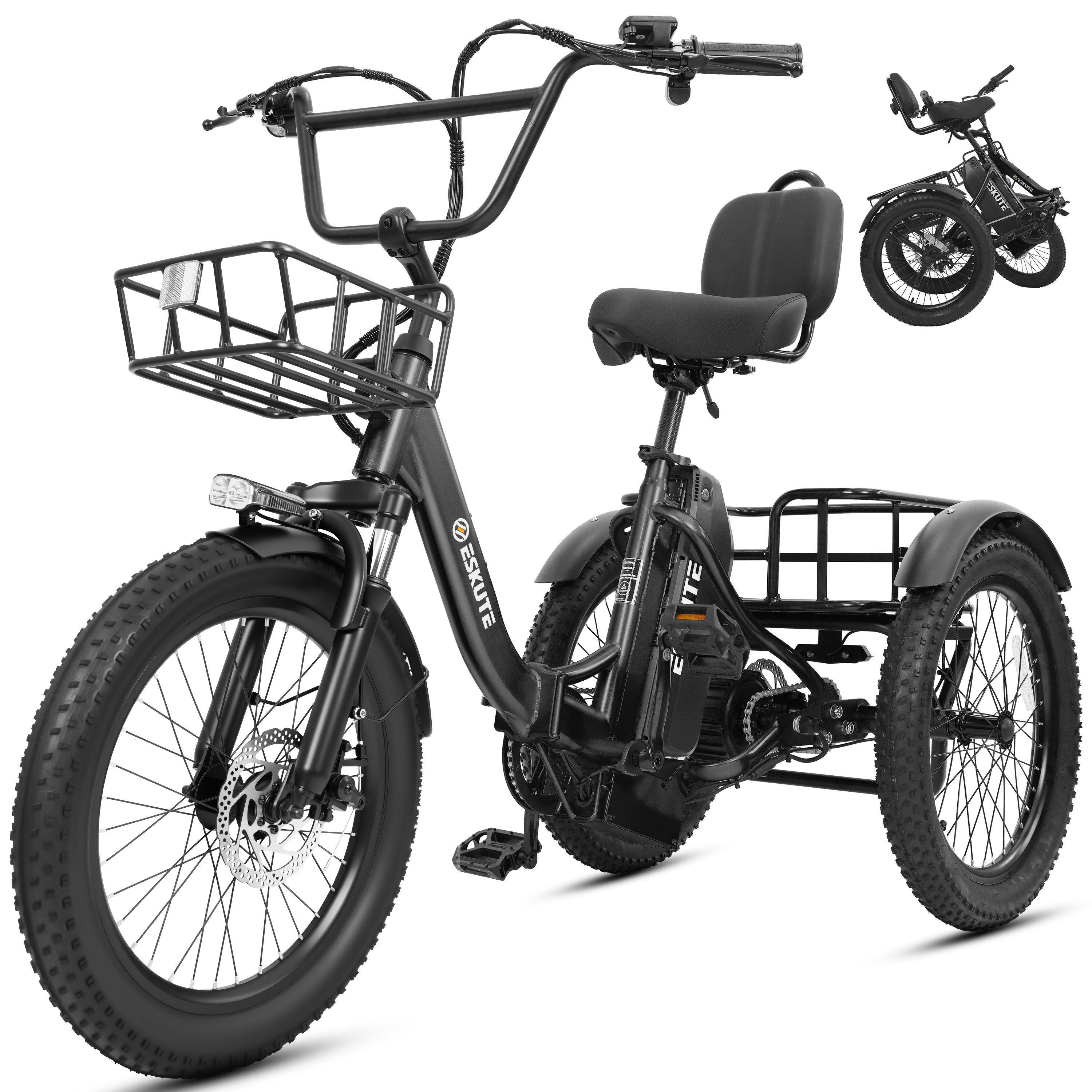 ESKUTE T300 MAX Adult Electric Tricycle with Reverse, 48V 20.8Ah Removable Battery, 749W Motor, 20x3.0" Fat Tire, 80-MileRange,3 Riding Modes