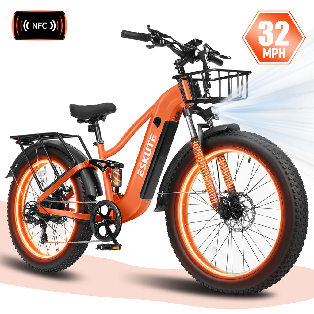 ESKUTE C300R Electric Bike for Adults, 32MPH High-Speed 1500W Motor, 80-Mile Range 48V 20.8Ah Battery, 26"x4.0" Fat Tire Ebike, Full Suspension, 8-Speed Black