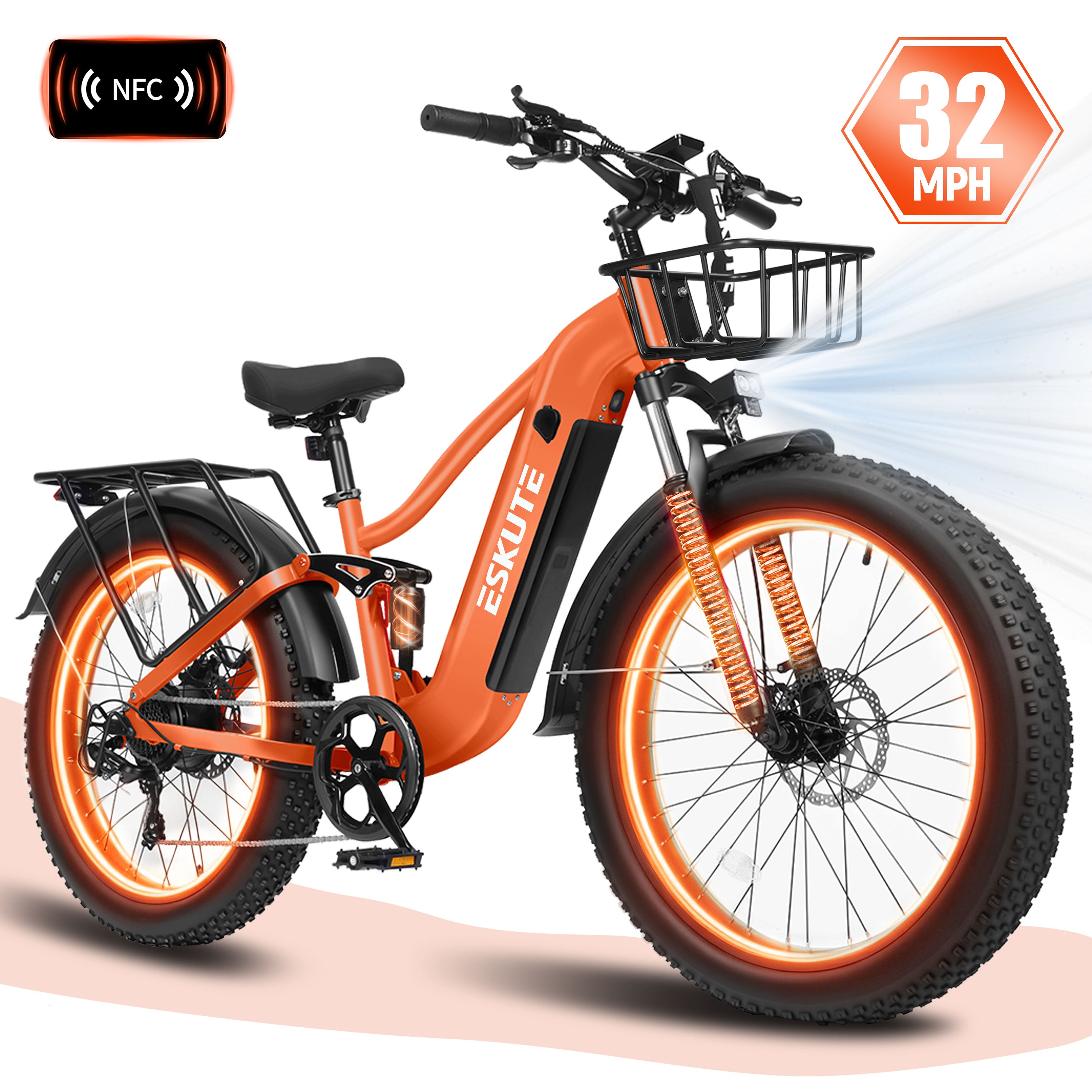 ESKUTE C300R Electric Bike for Adults, 32MPH High-Speed 1500W Motor, 80-Mile Range 48V 20.8Ah Battery, 26"x4.0" Fat Tire Ebike, Full Suspension, 8-Speed Black