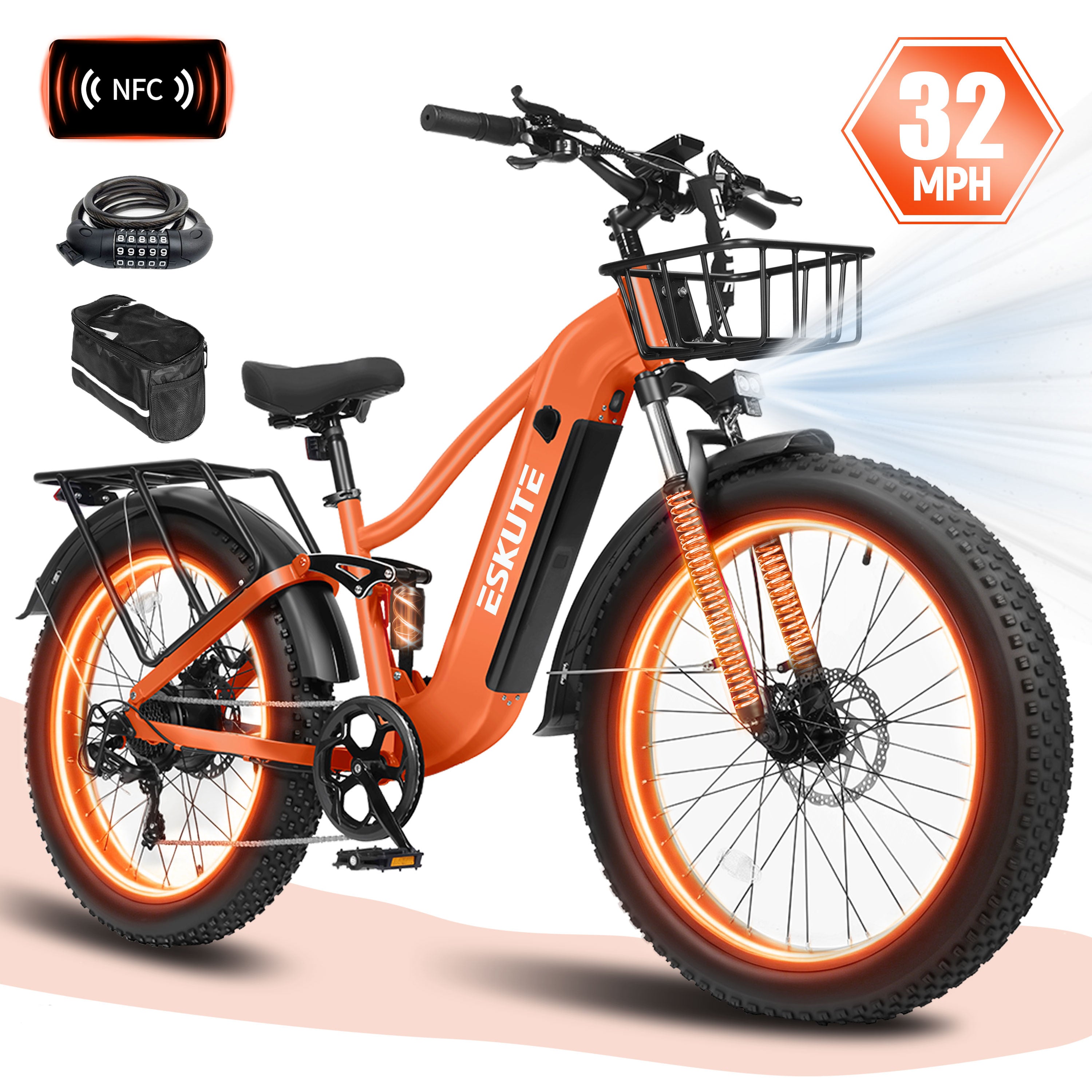 ESKUTE C300R Electric Bike for Adults, 32MPH High-Speed 1500W Motor, 80-Mile Range 48V 20.8Ah Battery, 26"x4.0" Fat Tire Ebike, Full Suspension, 8-Speed Black