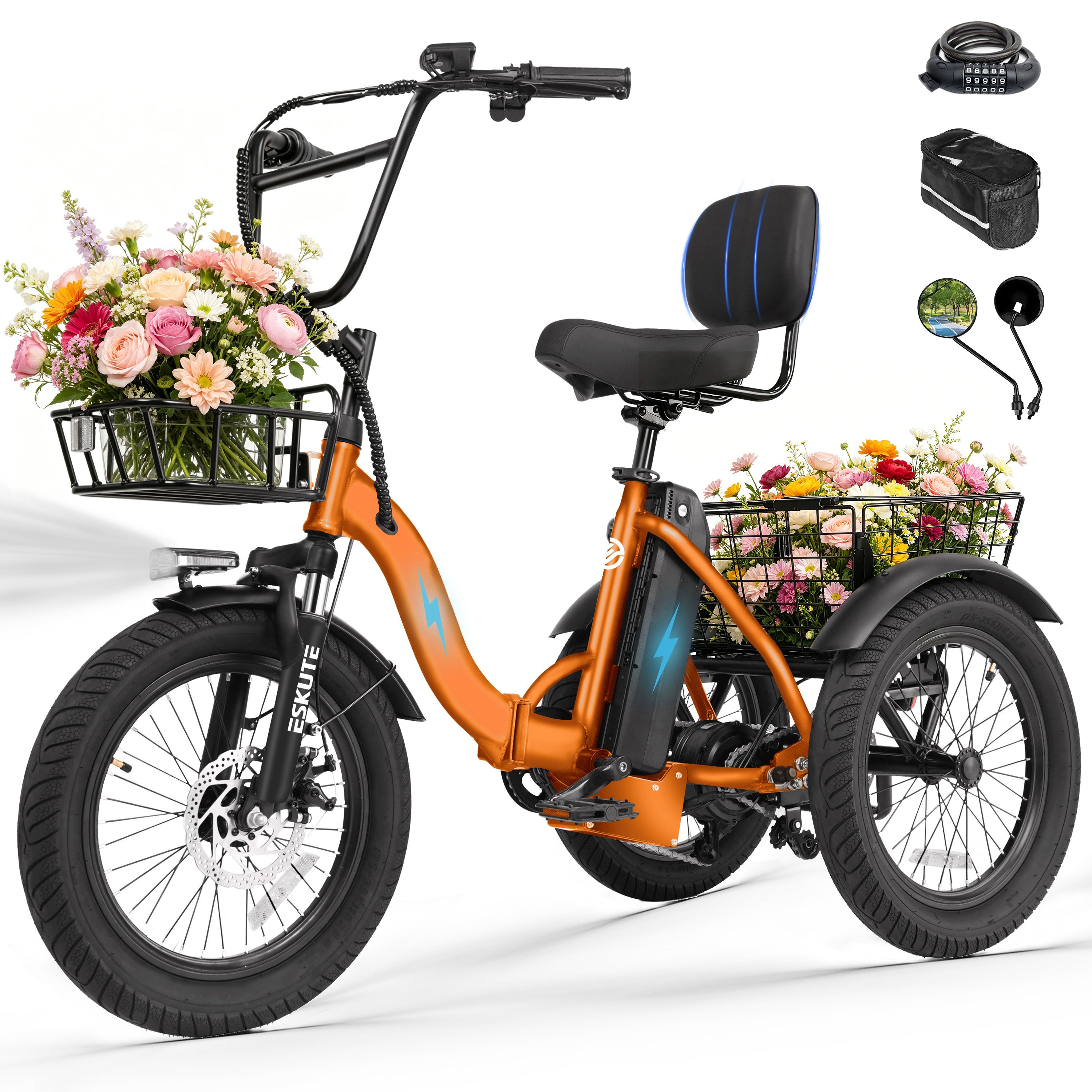 ESKUTE Adult Electric Tricycle, Folding Step-Thru E-Trike with Removable Battery, 18" x 3.0" Fat Tires, Long Range 3-Wheel Electric Bicycle for Daily Riding UL2849, Black