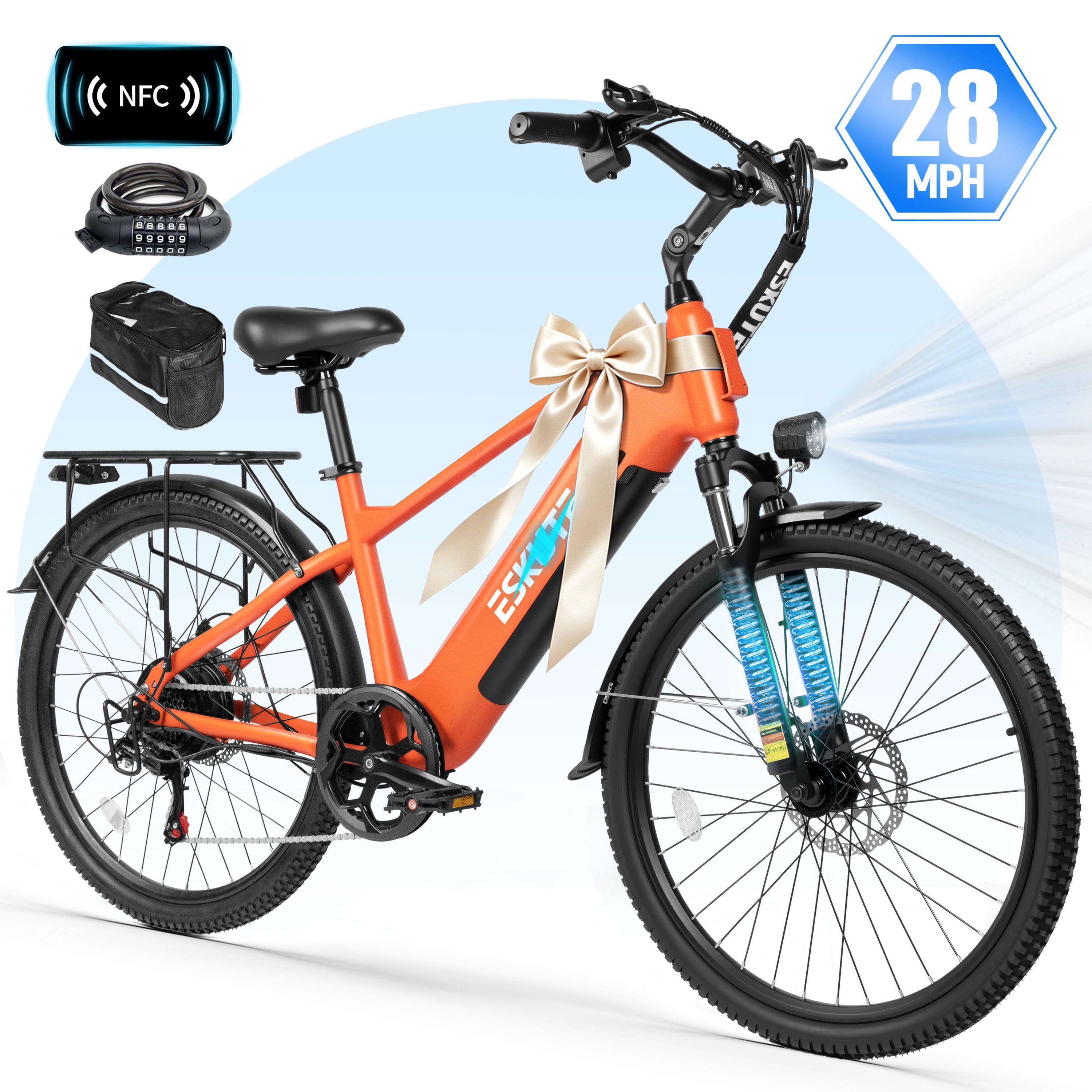 ESKUTE C200D 70-Mile Electric Bike for Adults, 840Wh Removable Battery, 1300W Peak Motor, Up to 28MPH, 26" Tires, 7-Speed Step-Over E-Bike Black