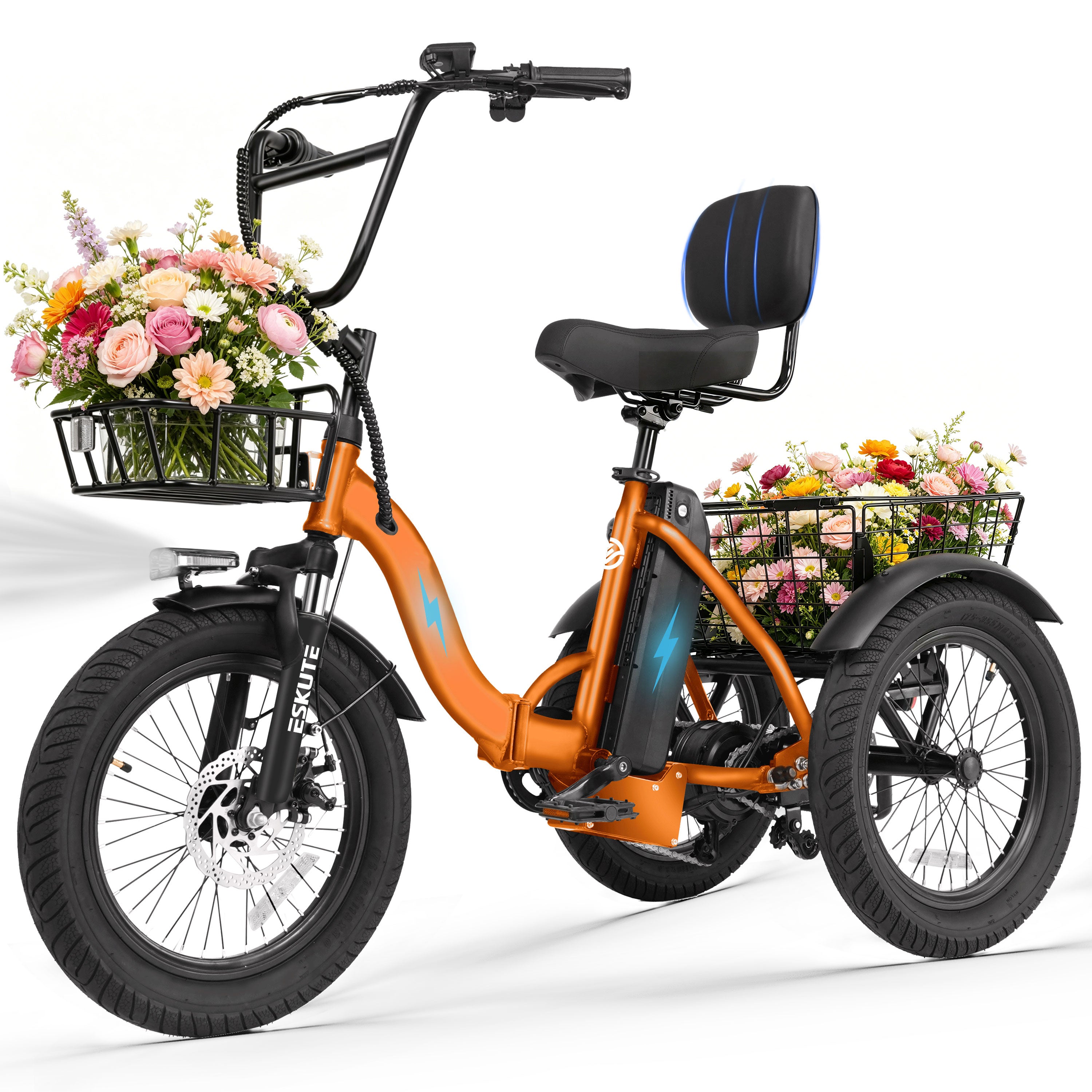 ESKUTE Adult Electric Tricycle, Folding Step-Thru E-Trike with Removable Battery, 18" x 3.0" Fat Tires, Long Range 3-Wheel Electric Bicycle for Daily Riding UL2849, Black