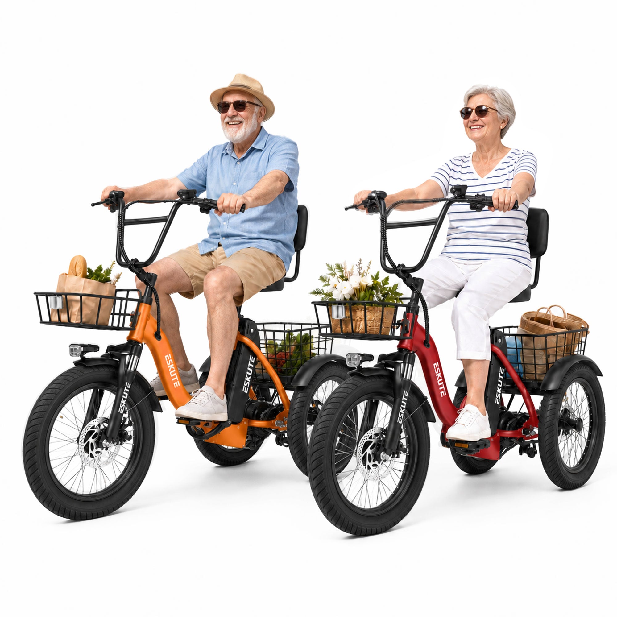 ESKUTE 2 Pcs T300 E Trike Electric Tricycle for Adults, 750W Brushless Motor 18MPH+ Fat Tire Folding Trike, Step-Thru 3 Wheel Electric Bicycle, Up to 55 Miles Black & White