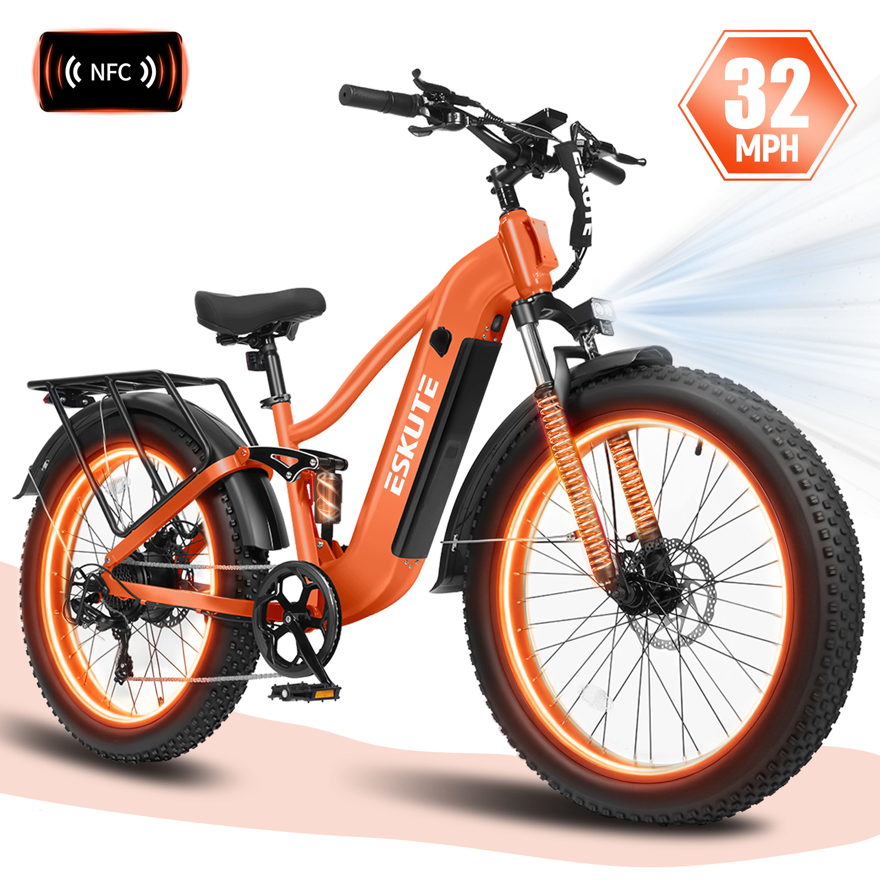 ESKUTE C300R Electric Bike for Adults, 32MPH High-Speed 1500W Motor, 80-Mile Range 48V 20.8Ah Battery, 26"x4.0" Fat Tire Ebike, Full Suspension, 8-Speed Black