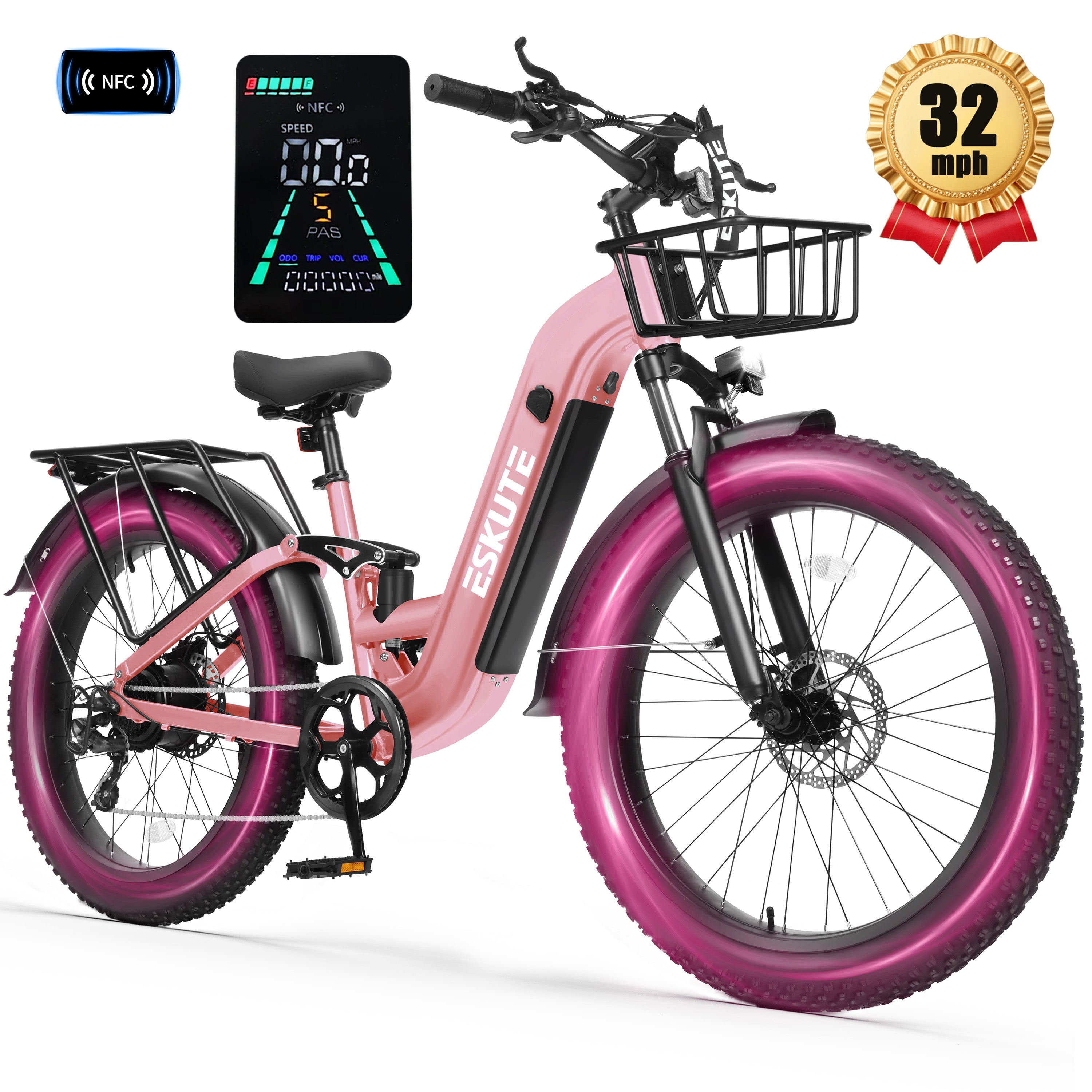 C300 1500W Electric Bike for Adults, 48V 20.8Ah Battery, 32MPH, 80 Miles Range, 26"x4.0" Fat Tire Step-Thru Ebike, Full Suspension Electric Bicycle, 8-Speed Black