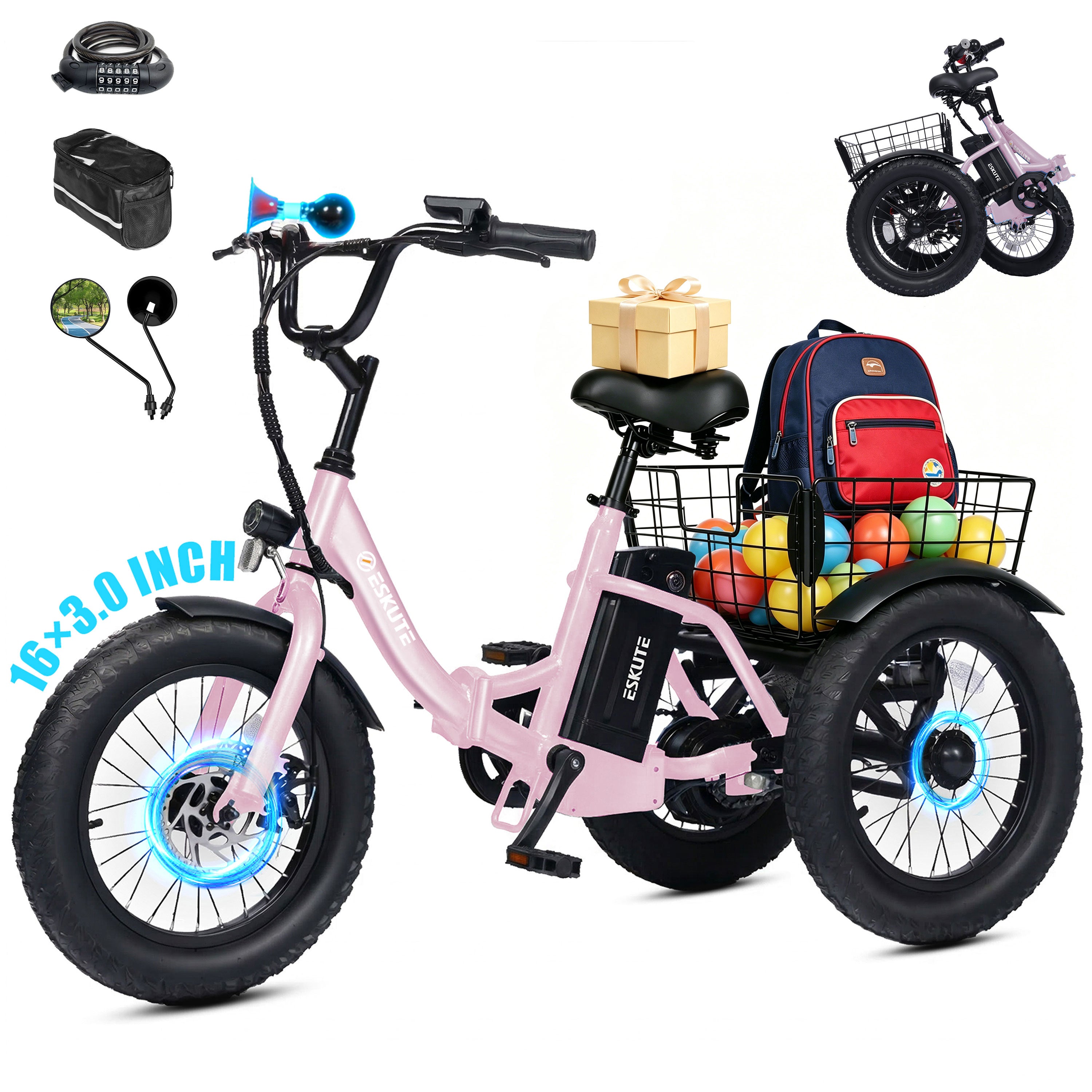 ESKUTE T300M Electric Tricycle for Beginners, Folding 3-Wheel E-Bike with 500W Peak Motor, 302Wh Battery, 12.5 MPH , 16" x 3.0 Fat Tires, Step-Thru, Blue
