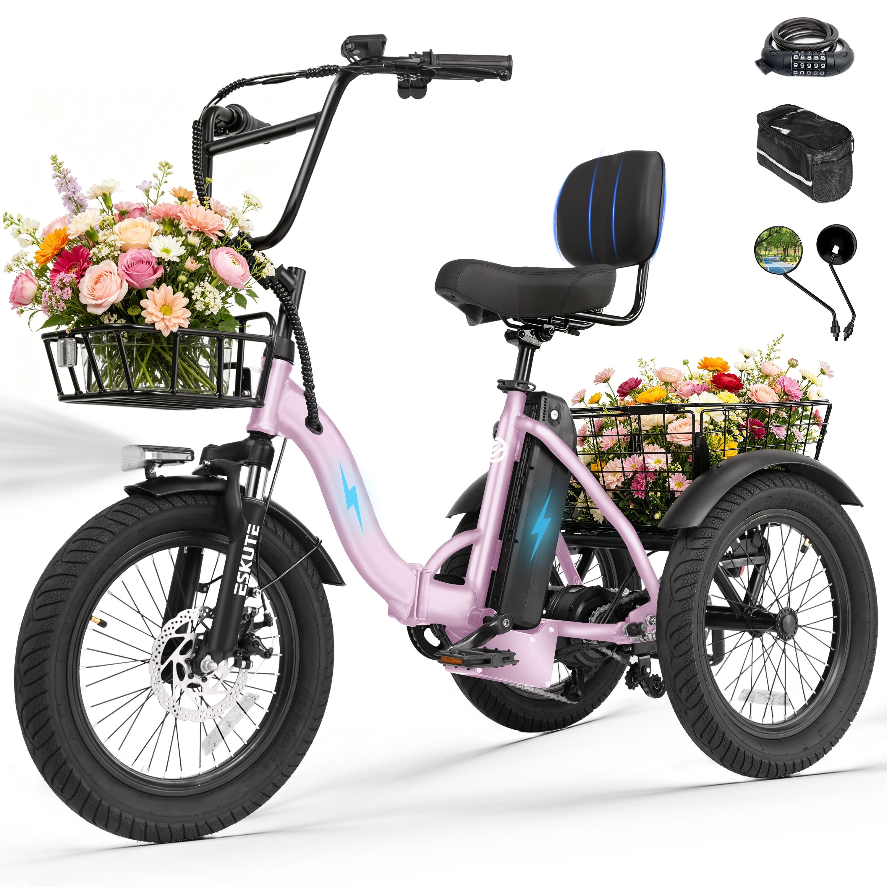 ESKUTE Adult Electric Tricycle, Folding Step-Thru E-Trike with Removable Battery, 18" x 3.0" Fat Tires, Long Range 3-Wheel Electric Bicycle for Daily Riding UL2849, Black