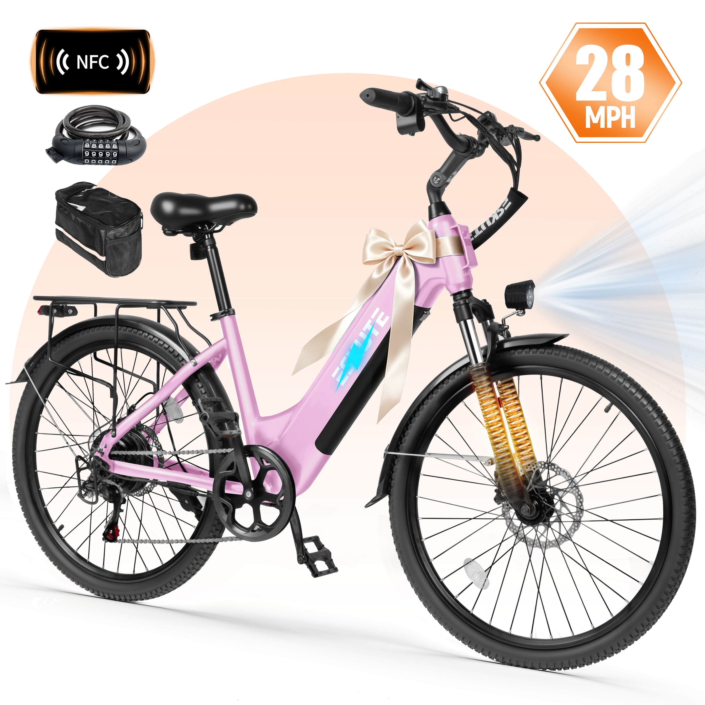 ESKUTE C200D Electric Bike for Adults – 1300W Peak Motor, 28MPH Step-Thru Ebike, 840Wh Removable Battery , Up to 70 Miles, 26" Tires, 7-Speed White