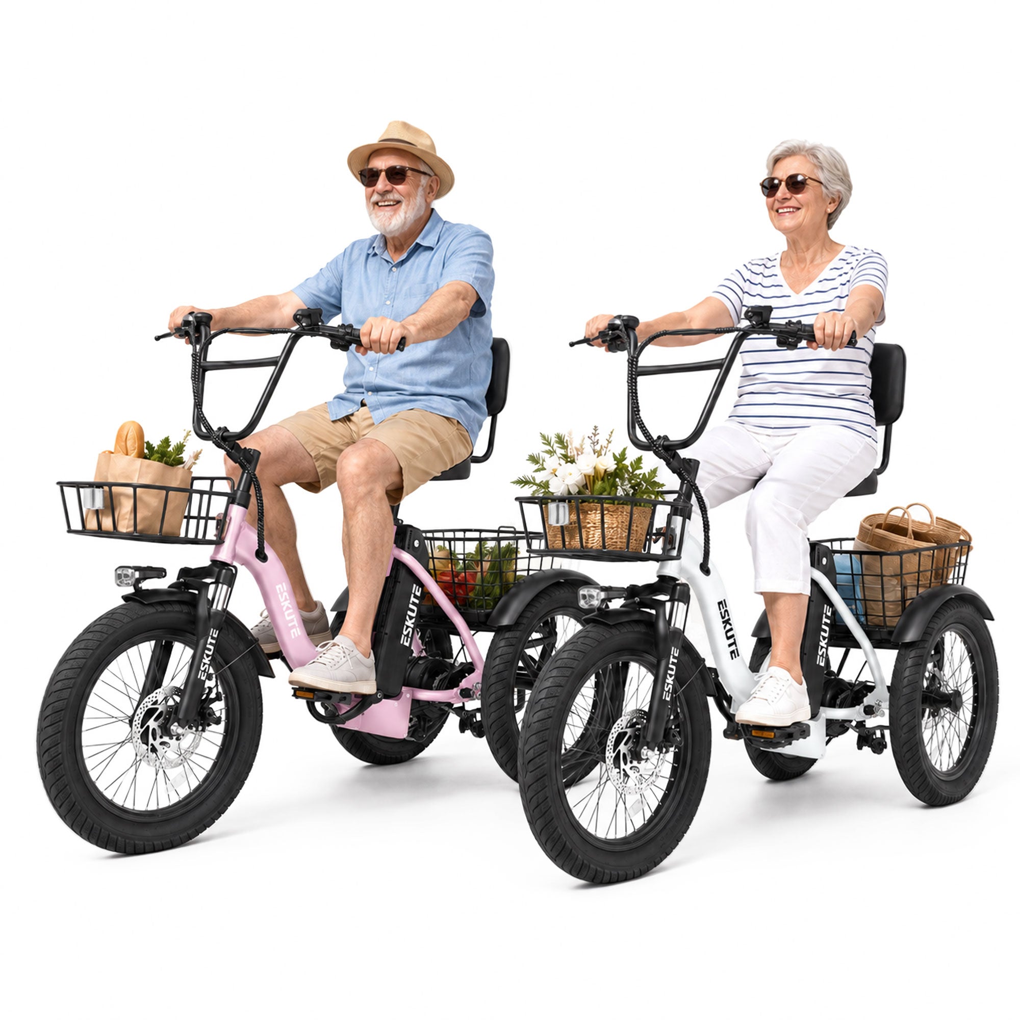 ESKUTE 2 Pcs T300 E Trike Electric Tricycle for Adults, 750W Brushless Motor 18MPH+ Fat Tire Folding Trike, Step-Thru 3 Wheel Electric Bicycle, Up to 55 Miles Black & White