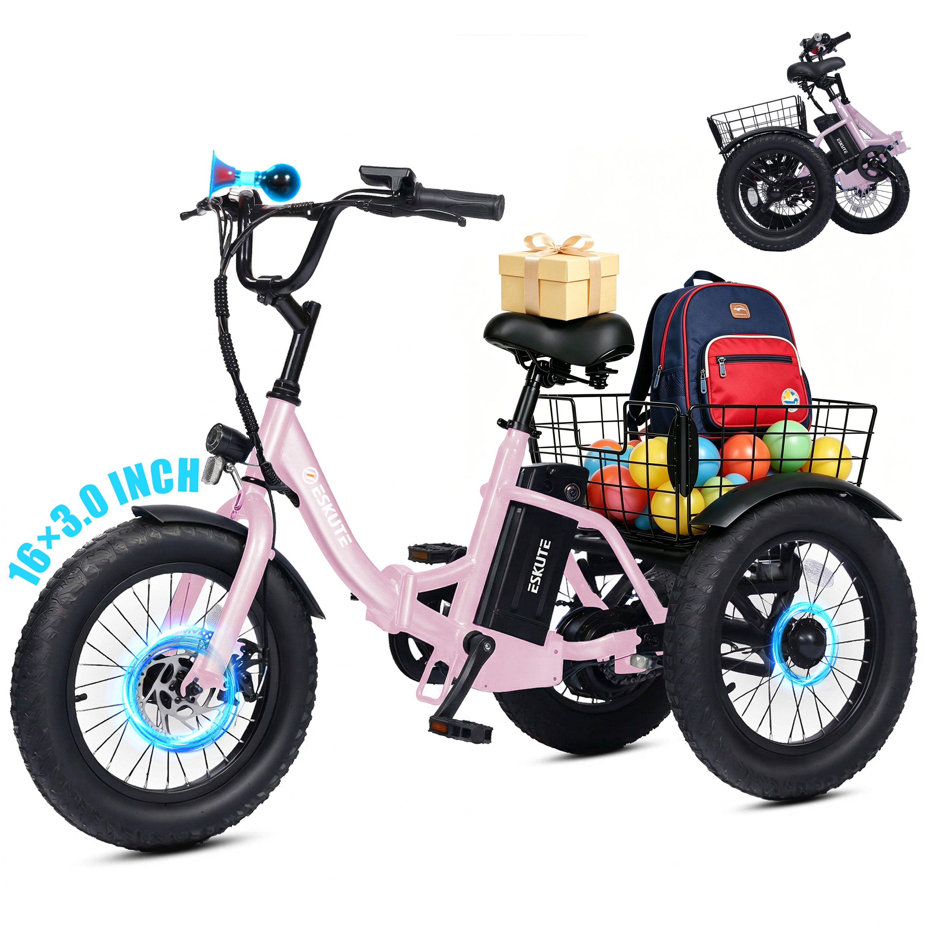 ESKUTE T300M Electric Tricycle for Beginners, Folding 3-Wheel E-Bike with 500W Peak Motor, 302Wh Battery, 12.5 MPH , 16" x 3.0 Fat Tires, Step-Thru, Blue
