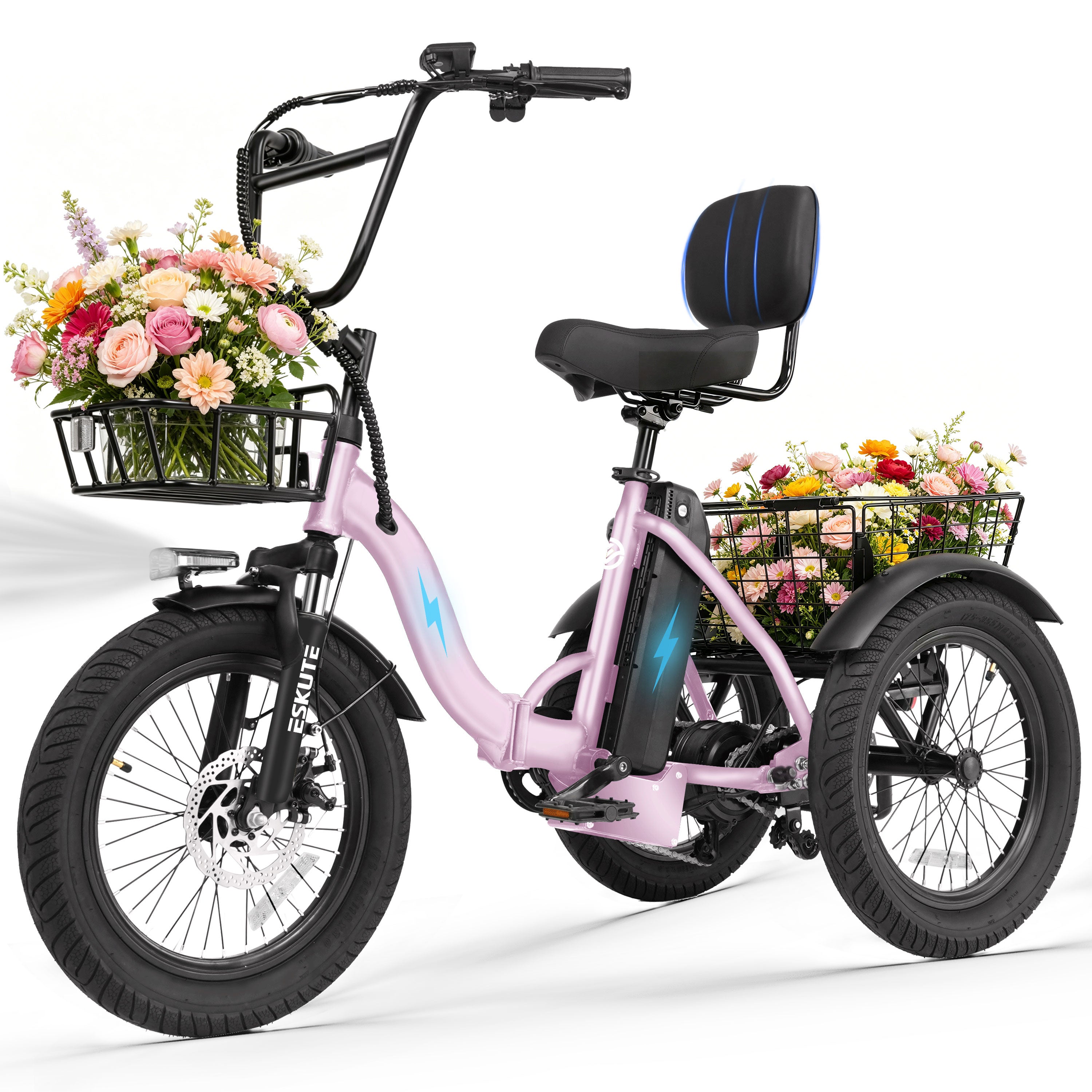 ESKUTE Adult Electric Tricycle, Folding Step-Thru E-Trike with Removable Battery, 18" x 3.0" Fat Tires, Long Range 3-Wheel Electric Bicycle for Daily Riding UL2849, Black