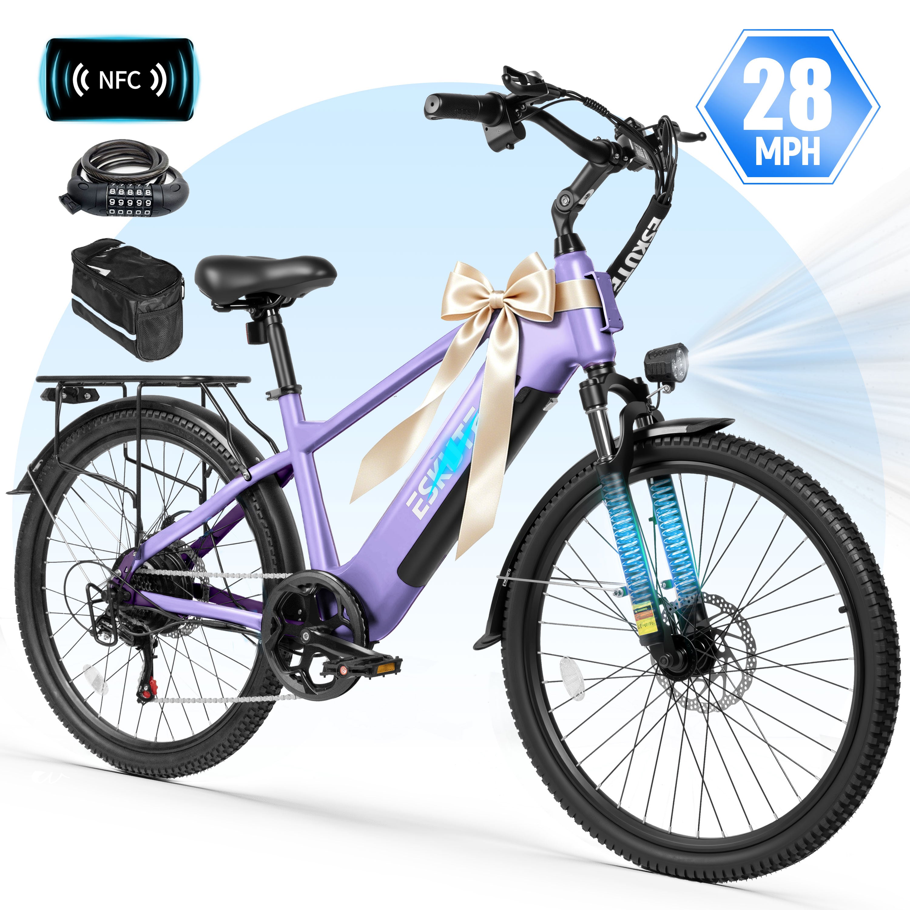 ESKUTE C200D 70-Mile Electric Bike for Adults, 840Wh Removable Battery, 1300W Peak Motor, Up to 28MPH, 26" Tires, 7-Speed Step-Over E-Bike Black