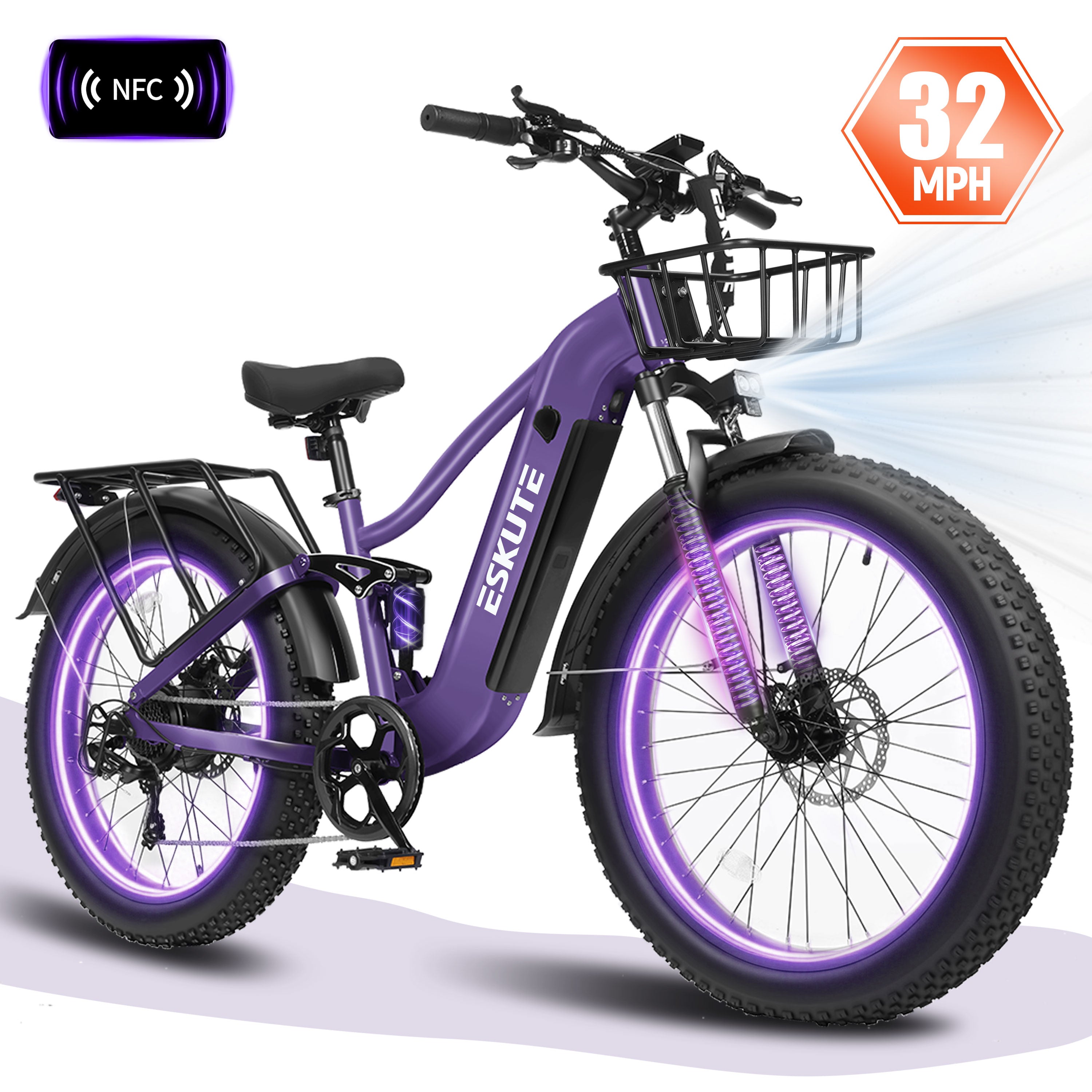 ESKUTE C300R Electric Bike for Adults, 32MPH High-Speed 1500W Motor, 80-Mile Range 48V 20.8Ah Battery, 26"x4.0" Fat Tire Ebike, Full Suspension, 8-Speed Black